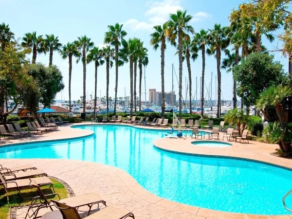 Swimming pool surrounded by lounge chairs with palm trees in the background and a marina with boats and buildings beyond.