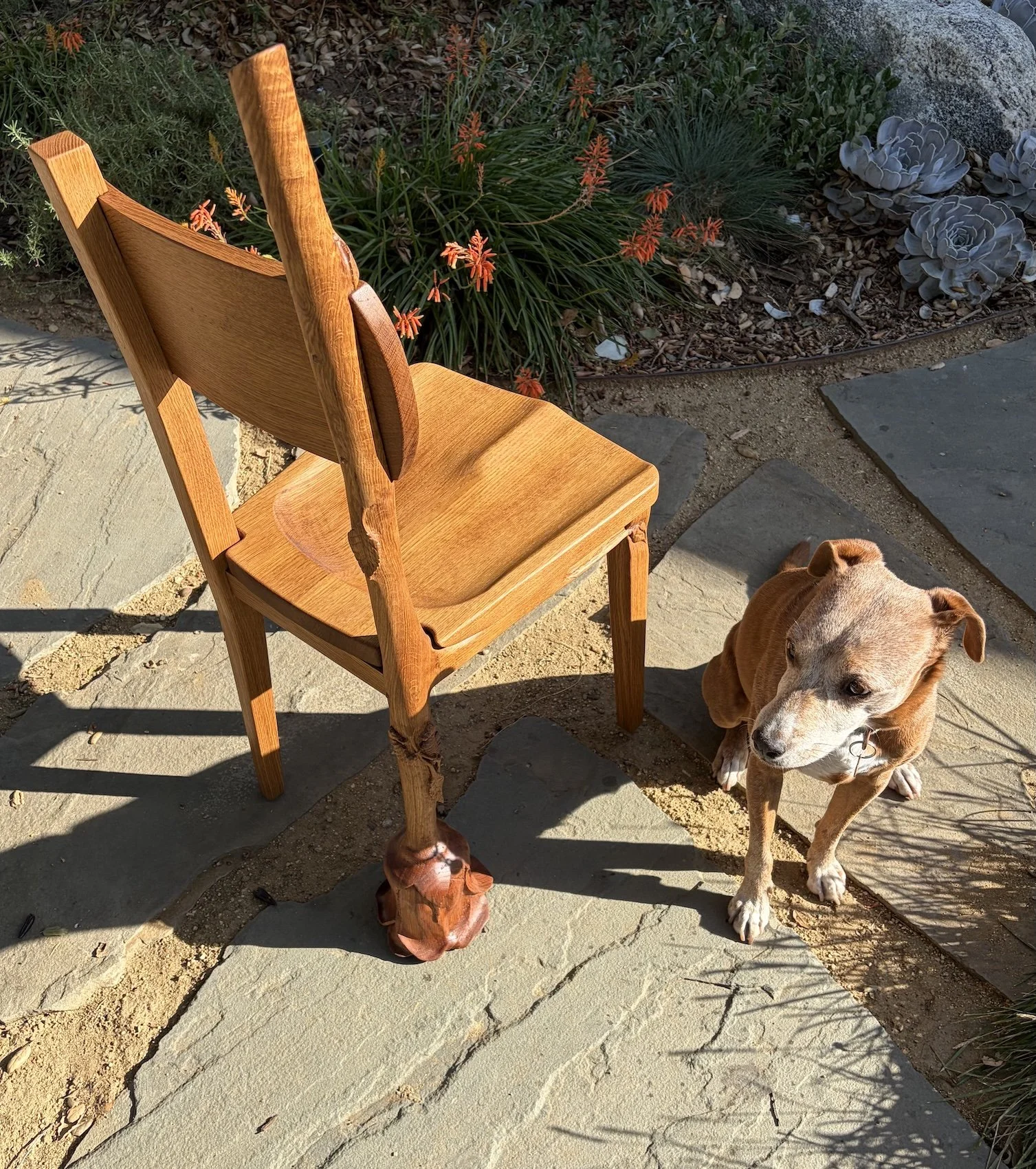Carved white oak vanity/desk chair featuring saddled seat, carved rose stem, leaves, and flower, and a pair of sea horses! (and a dog)