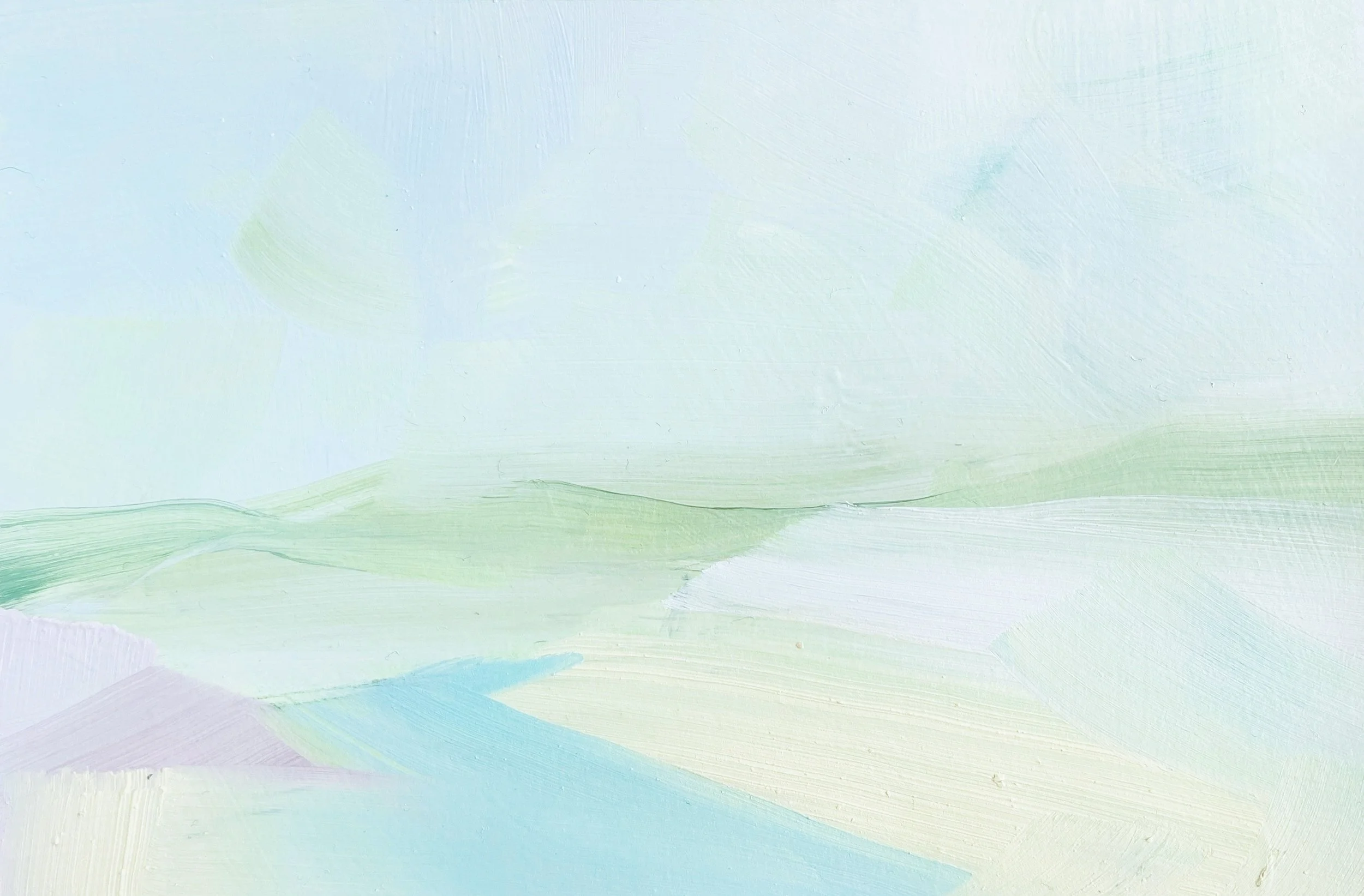 Abstract pastel landscape painting with light blues, greens, and hints of purple, resembling gentle hills and sky.