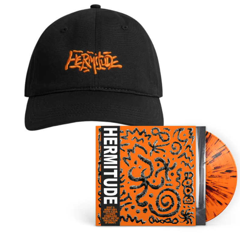 Black baseball cap with orange embroidered 'Hermitude' logo, + Sunset Ash ltd vinyl with 'obi strip' on left hand side
