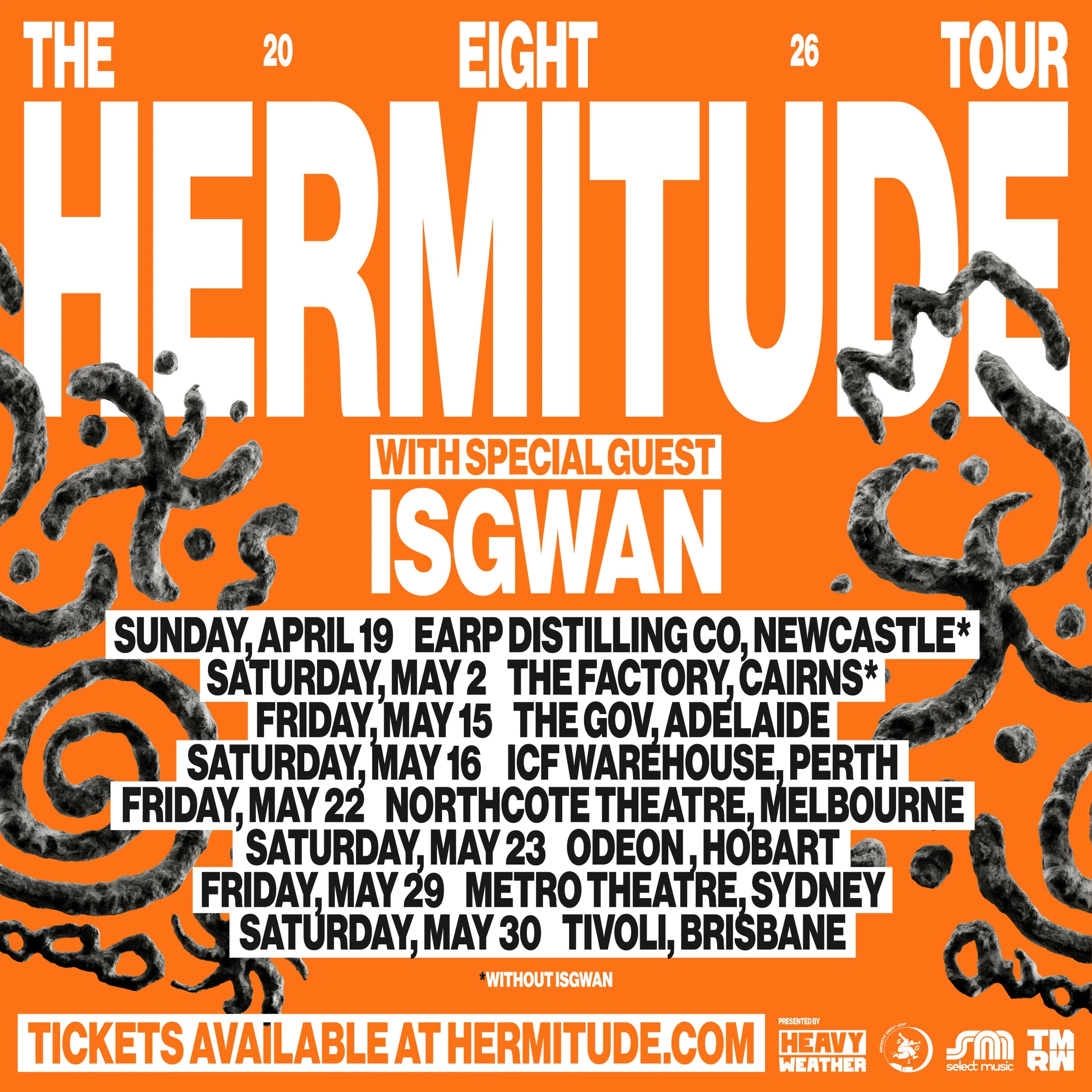 Hermitude 2020 eight tour schedule with special guest Isgwan, listing concert dates and locations from April 19 to May 30, 2020, in Australia and Newcastle, Cairns, Adelaide, Perth, Melbourne, Hobart, Sydney, and Brisbane.