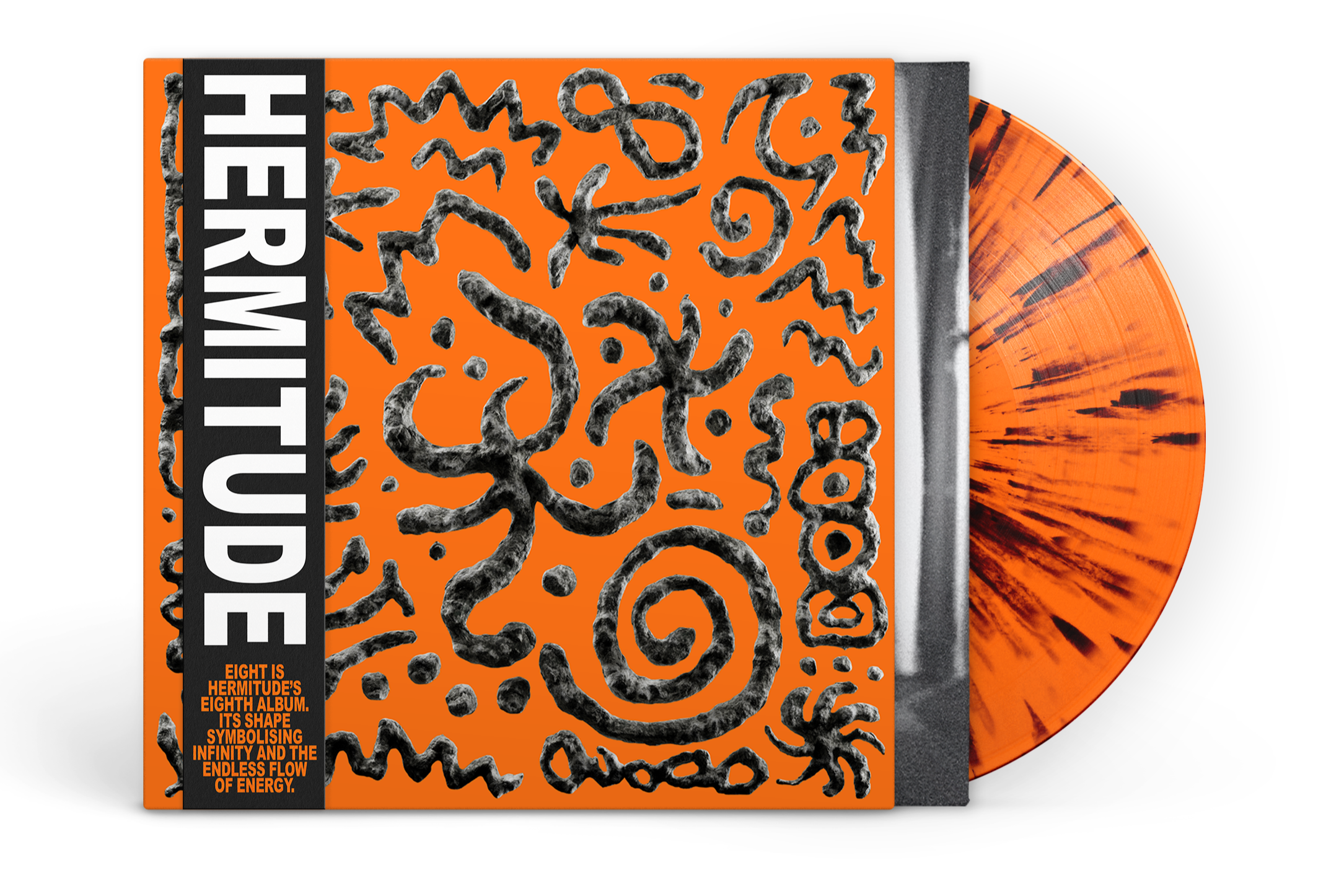 Orange vinyl record partially inside a black and orange album cover with abstract black and gray patterns and the word "HERMITUD" in bold white letters.