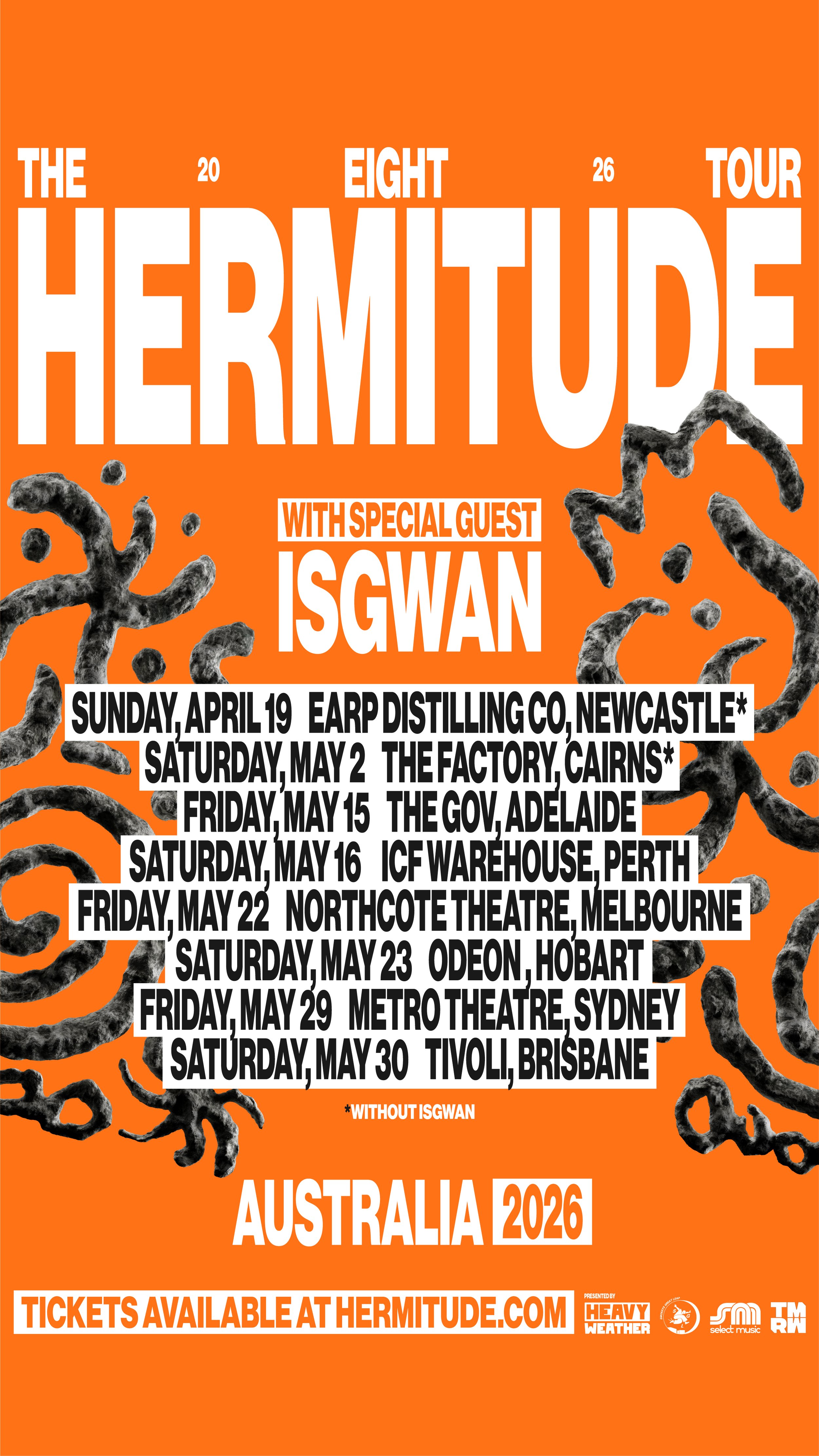 A poster for The Hermitude Australia 2026 tour, featuring dates and locations across Australia, with black abstract shapes on an orange background.