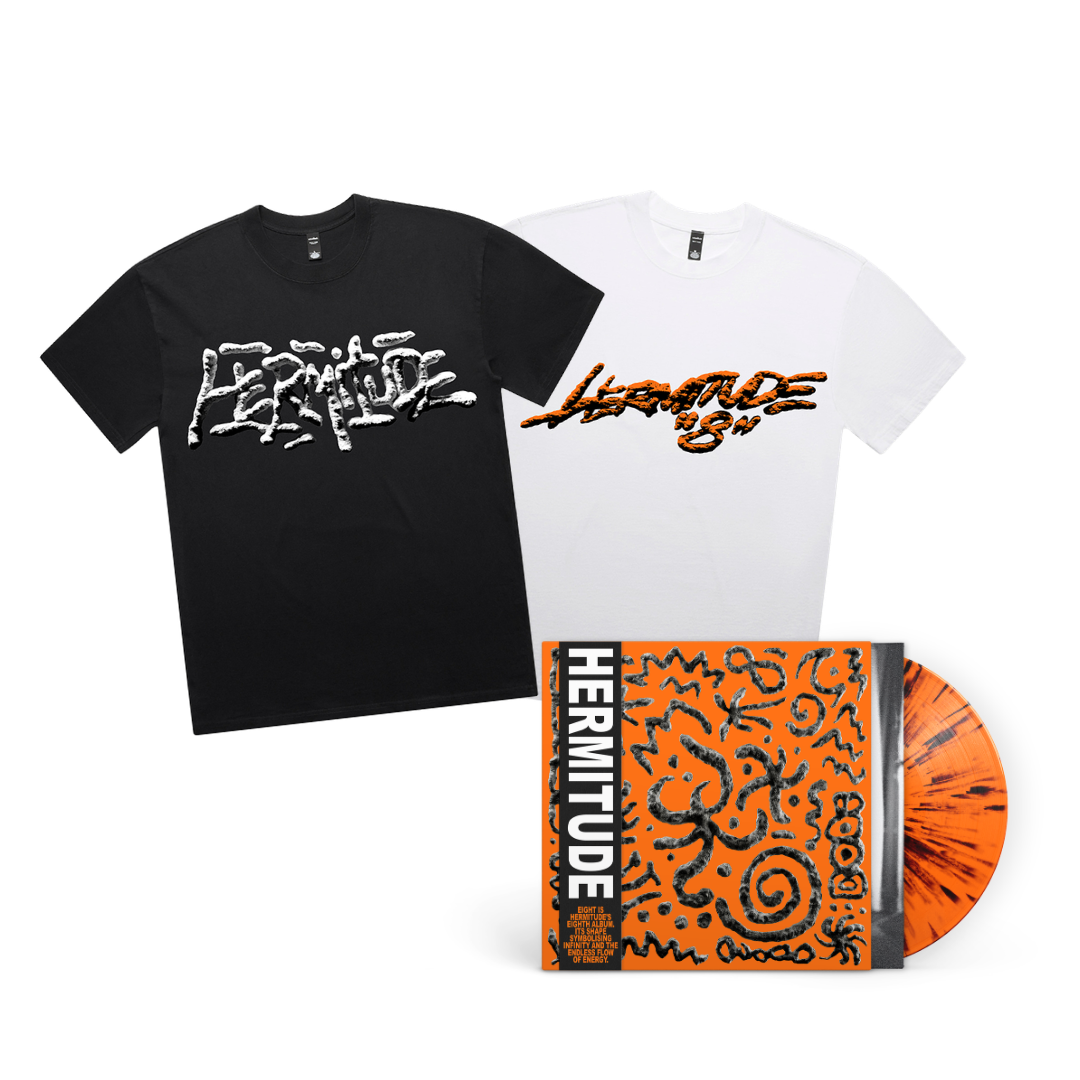 Black and white T-shirts with bold graphic text logos and an orange and black vinyl record album cover.