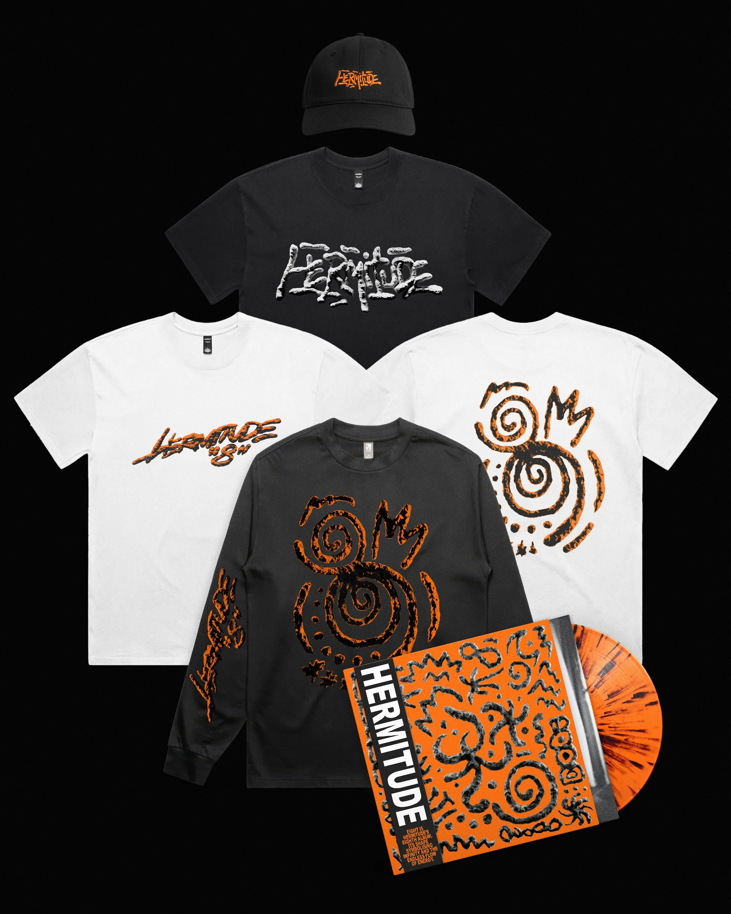 Various black and white T-shirts with orange and black abstract graphic designs and text, a black baseball cap with orange writing, and an orange vinyl record and sleeve with similar designs, all displayed on a black background.