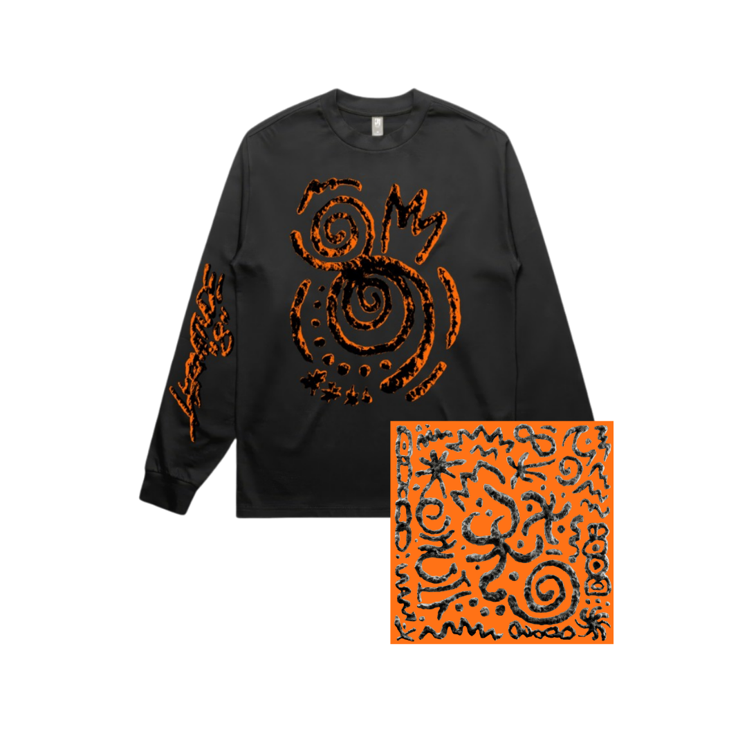 Black sweatshirt with orange and black abstract spiral and zigzag designs and text art, displayed on a black background.