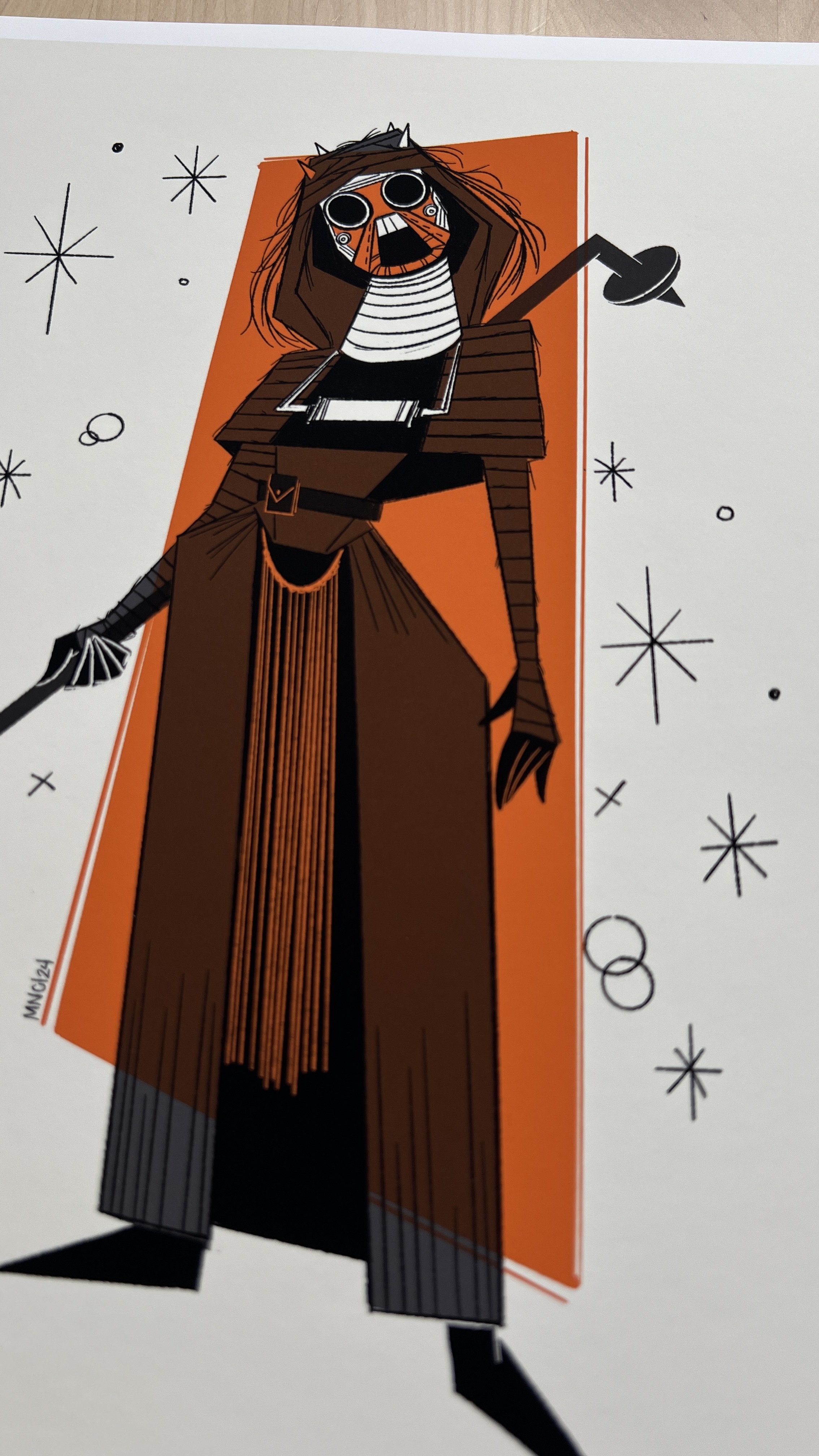 Midcentury-inspired illustration of the Tusken Raider from Star Wars: The Book of Boba Fett. Dark robes with, fighting staff, with an orange background. 