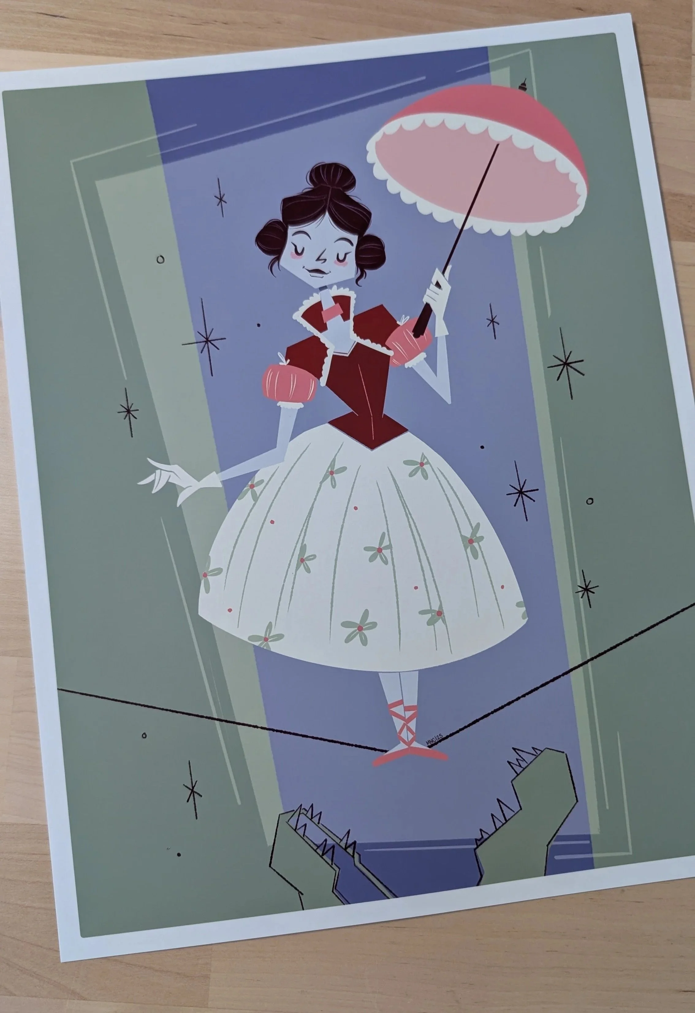 	
An illustration of Sally Slater, with dark hair in buns, wearing a vintage dress with a full skirt decorated with bows and holly leaves, holding a pink parasol, walking a tightrope over an open-mouthed alligator from the Haunted Mansion.