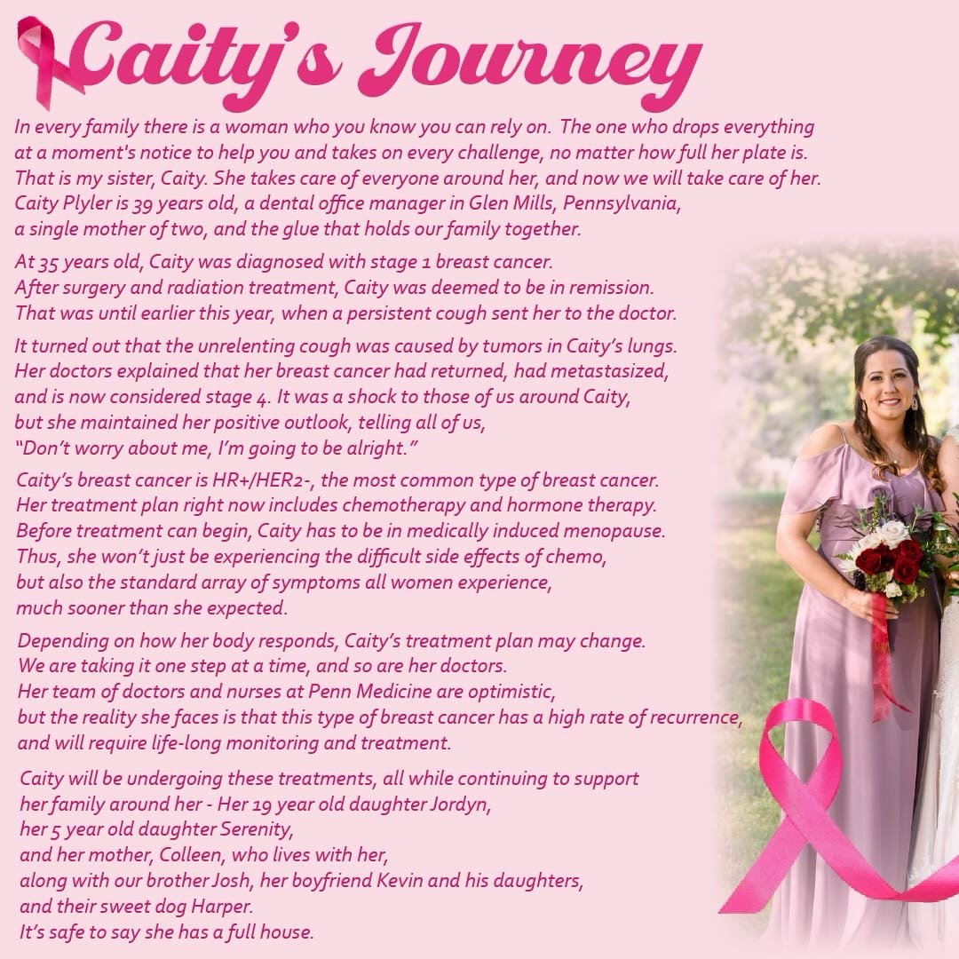Some non-stationery, but very important information.

Meet my sister, Caity. 💕

She has always taken care of everyone. Now we&rsquo;re taking care of her.

Caity is facing stage 4 metastatic breast cancer. We&rsquo;re raising money to help carry the