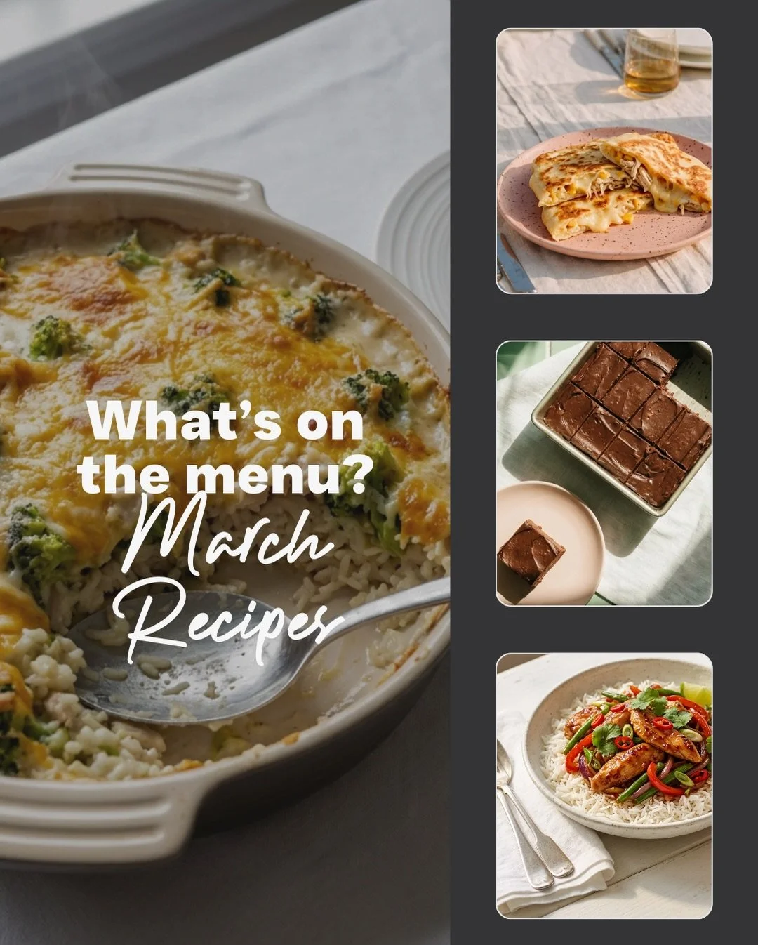 March menu is LIVE and she&rsquo;s full of flavour 🤍🍽️

From fresh midweek winners to cosy comfort dinners and high-protein sweet treats&hellip; this month is stacked.

Mains you&rsquo;ll have on repeat:
✨ Greek Pasta Salad
✨ Creamy Garlic Mince Sk