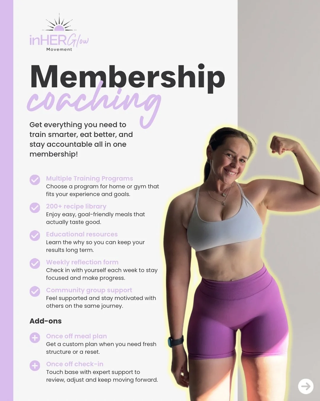 Ready to stop starting over and finally see real results? ✨

Introducing inHER Glow Movement Membership Coaching, your all in one space to train smarter, eat better and stay consistent without the overwhelm.

Inside you&rsquo;ll get:
✔️ Structured wo