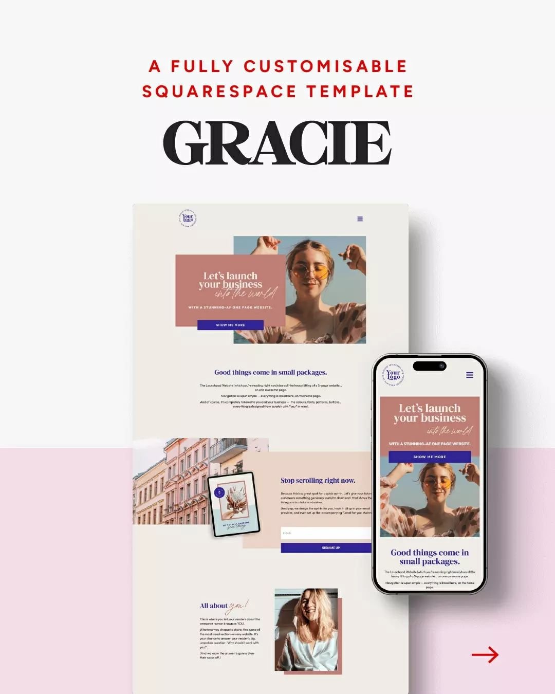 Want to freshen up your website&rsquo;s visuals 

without dropping a ton of cash on a new website design? 💰

*Ahem* Let us introduce you to Gracie, a 100% customisable Squarespare template that ticks all your dreamiest boxes

✅Visually stunning
✅Sim