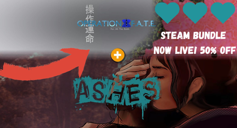 A promotional image featuring the logos for the games Operation F.A.T.E. and Ashes with text advertising a steam bundle at 50% off.