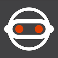 Illustration of a smiling robot face with headphones and orange eyes on a dark background.