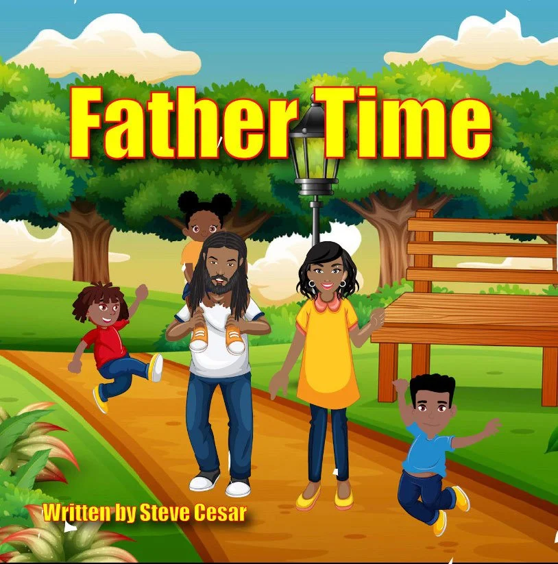 Illustration of a family enjoying Father Time in a park with trees, a bench, and a lamppost, featuring two adults and three children, with the title 'Father Time' and text 'Written by Steve Cesar'.