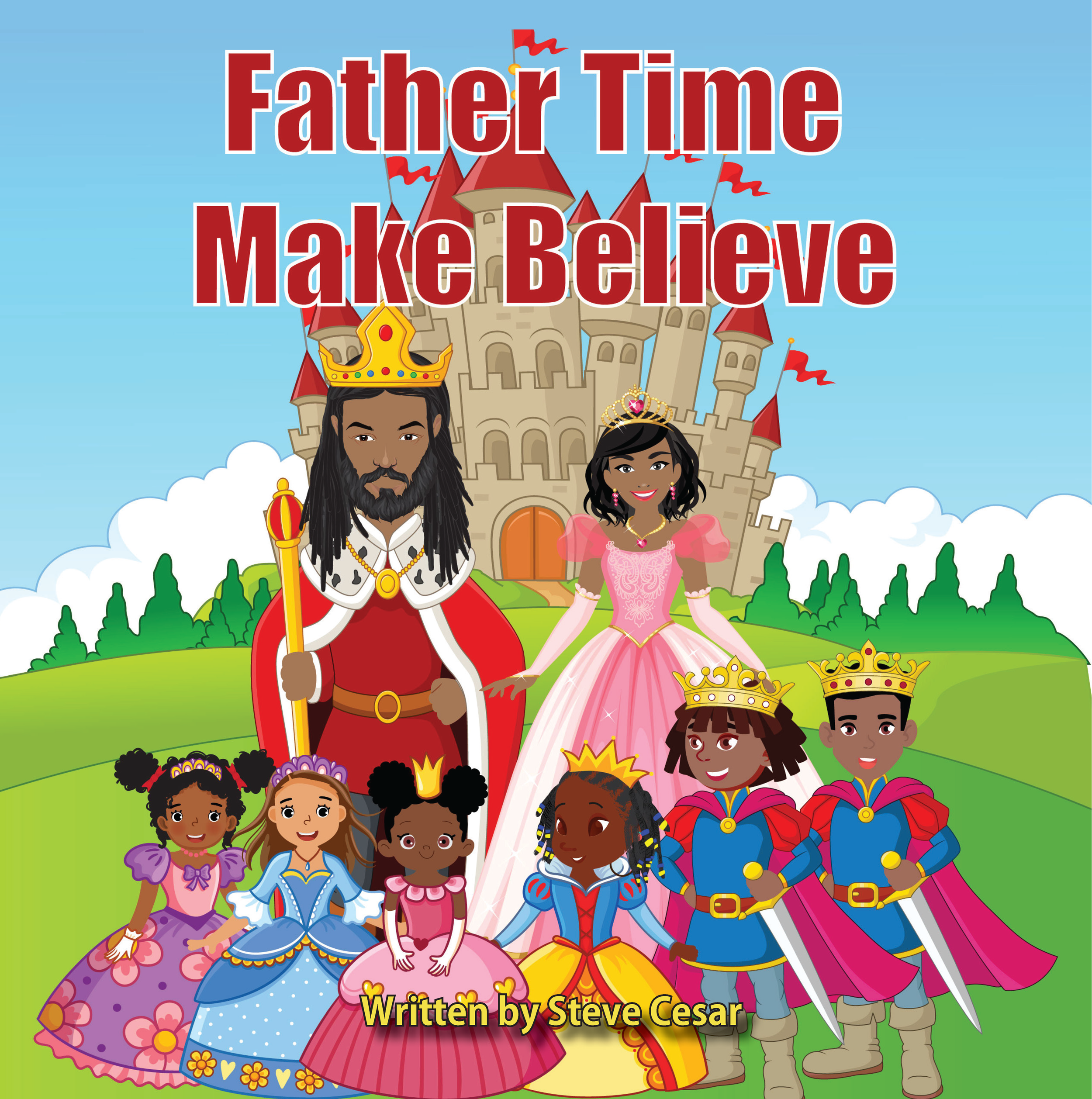 Children dressed as fairy tale characters standing in front of a castle, with colorful costumes including princess dresses and superhero outfits, under a blue sky with clouds.