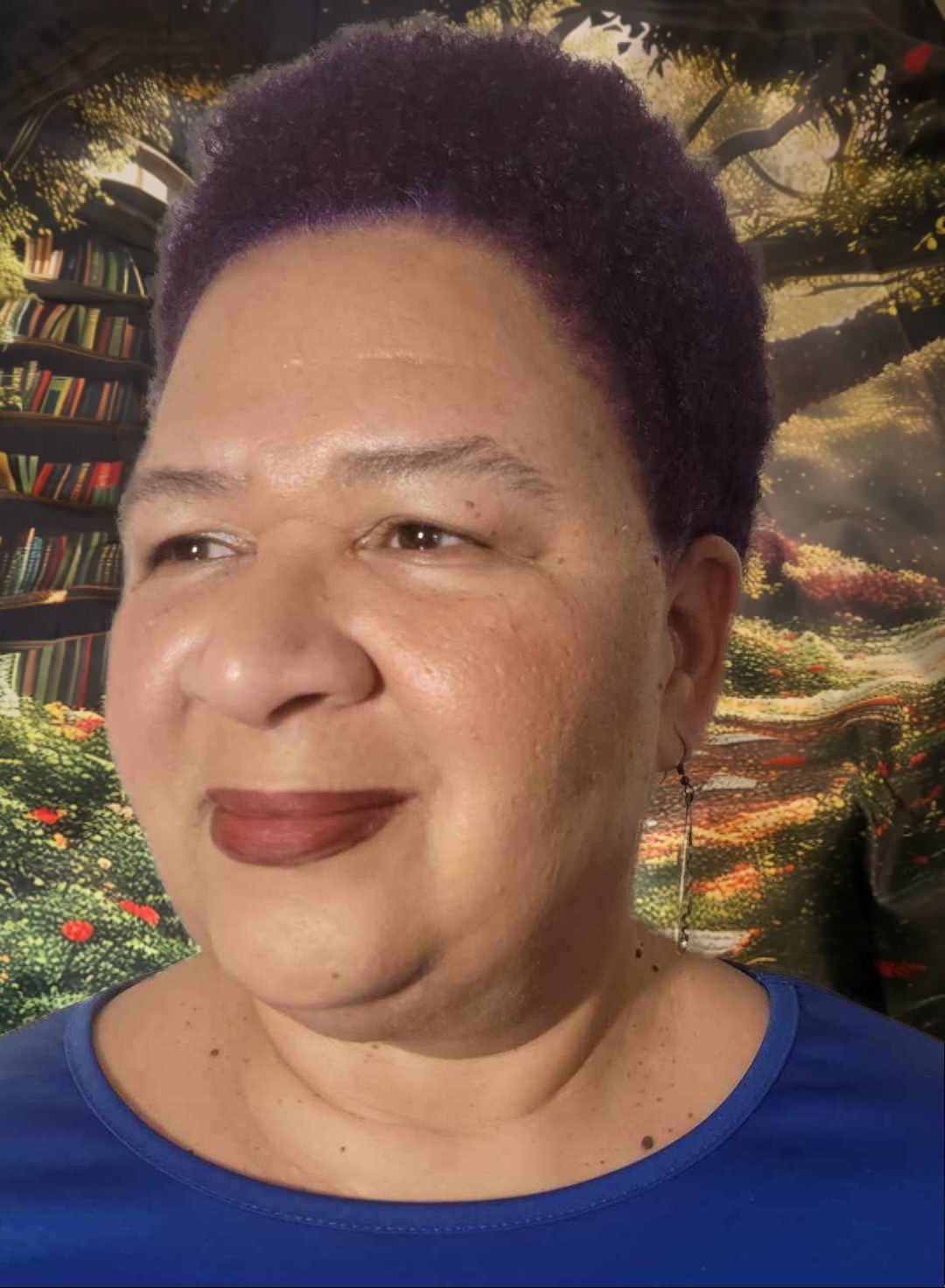 3/4 portrait of smiling writing coach with fantasy library in background.
