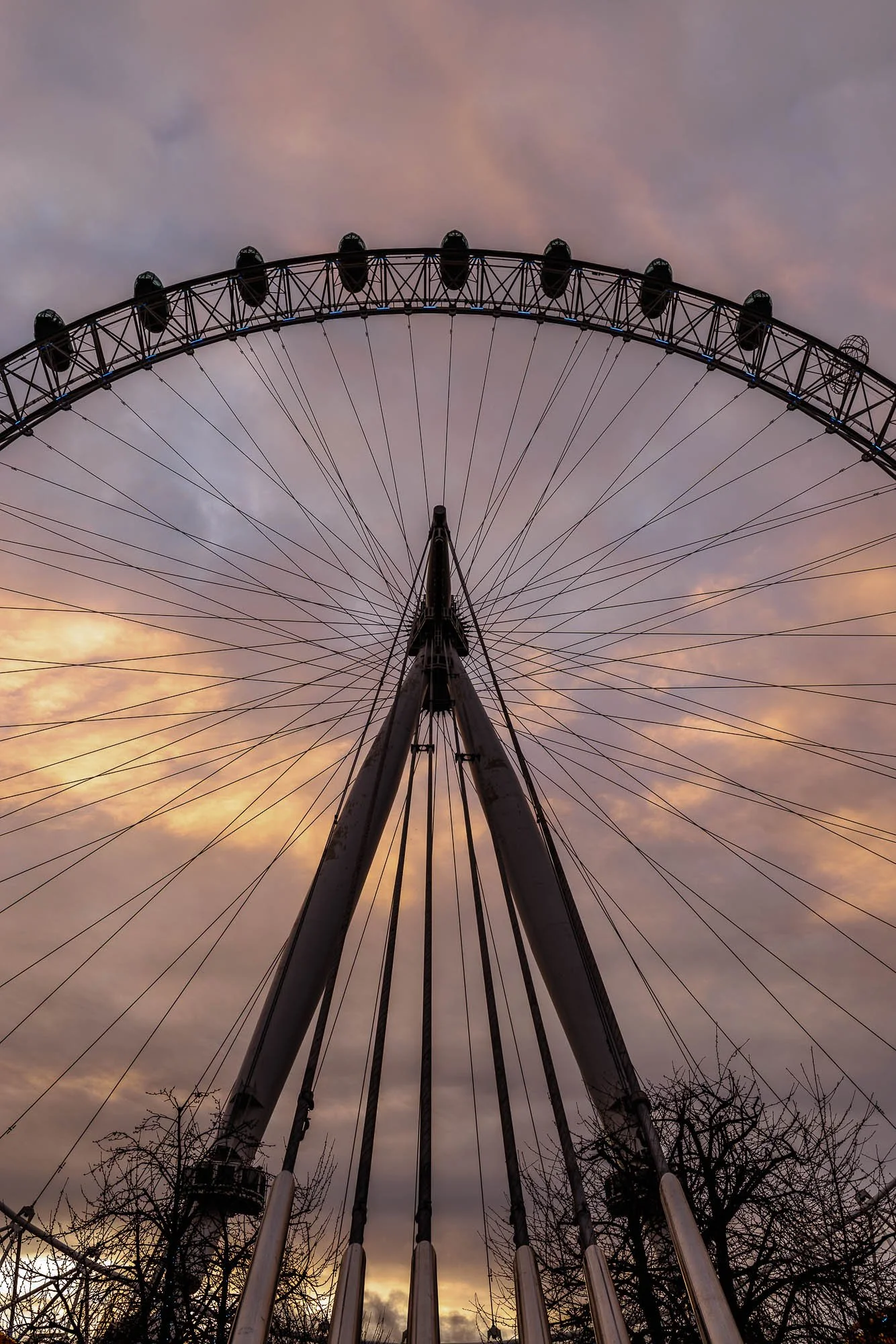 A large Ferris wheel against a cloudy sunset sky with bare trees at the bottom.