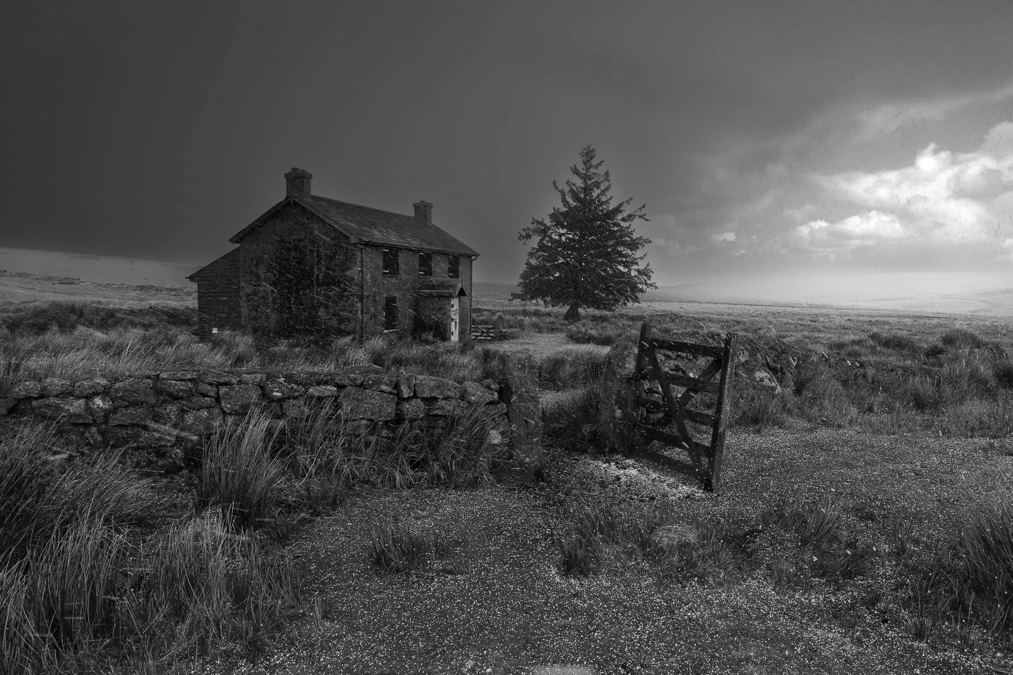 An old, abandoned two-story house with a broken door and broken windows, surrounded by overgrown grass and a stone wall in a rural landscape, with a large tree nearby and a cloudy sky overhead, in black and white.