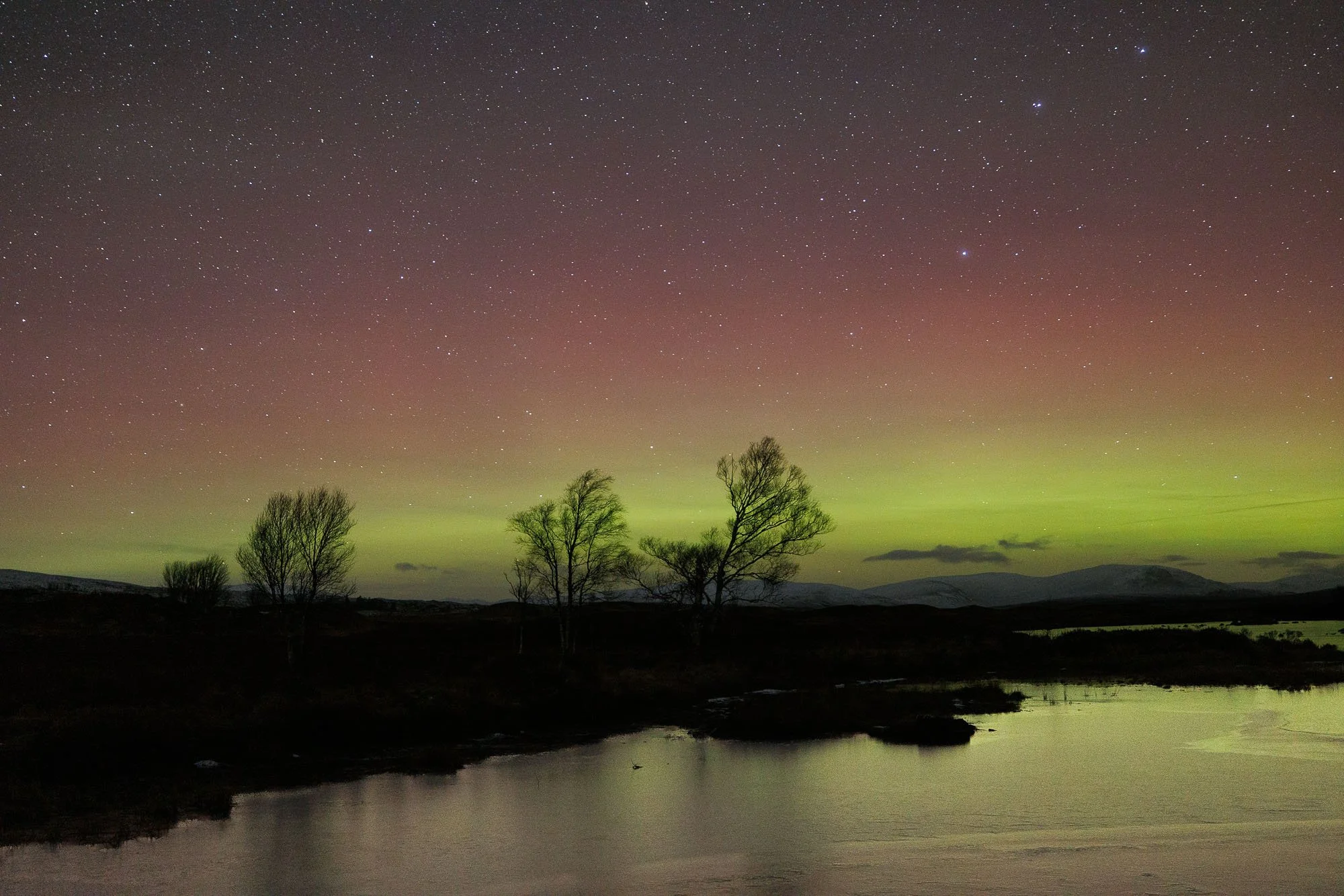 Glencoe, Scotland,  sky with stars and a faint green aurora over a landscape with trees and water.