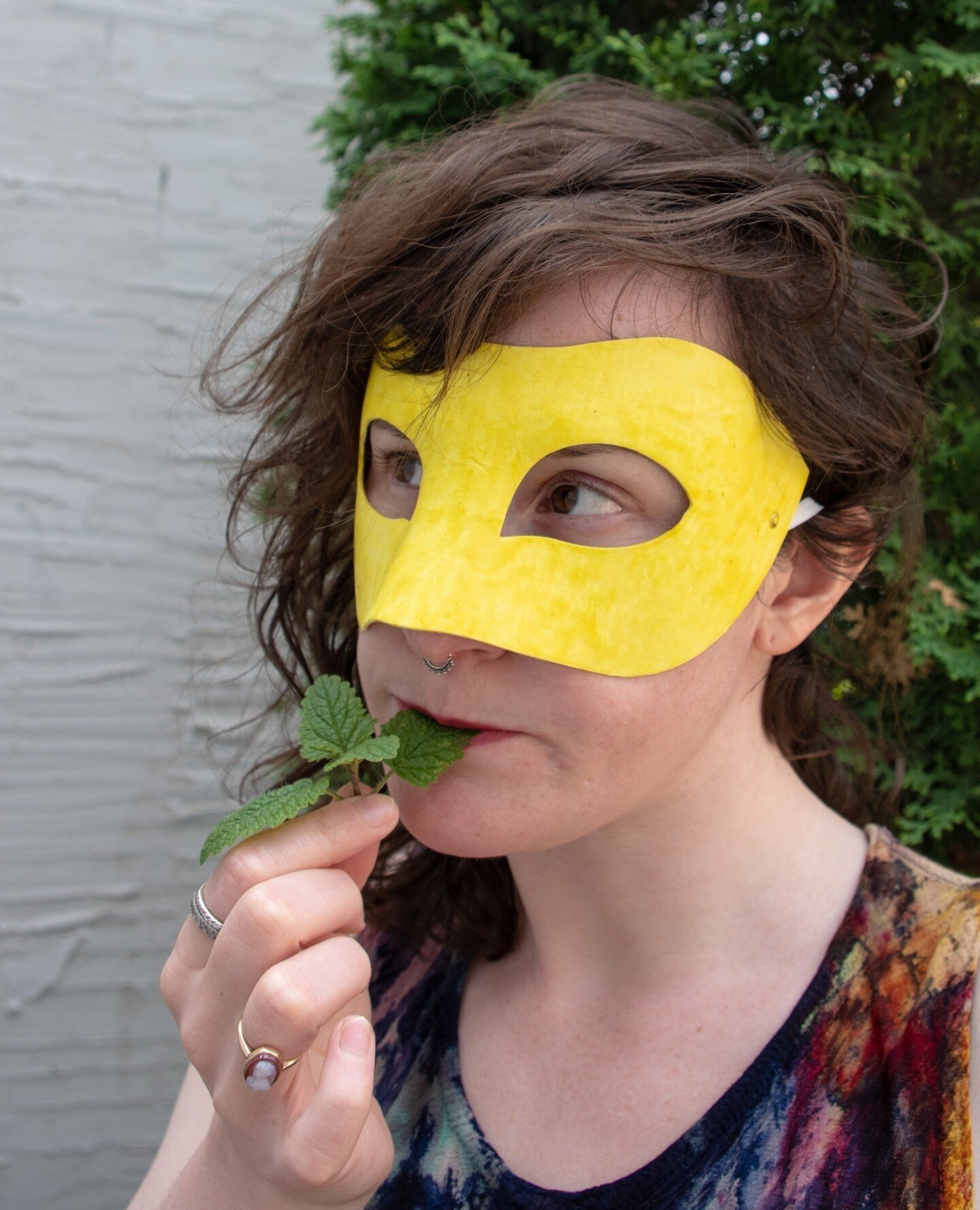 i made this mask using paint i made from locally grown weld, and took photos of it on my face before i finished a few more additions to it. nibbling on some lemon balm for good measure because one should always be nibbling on some lemon balm 🌿⁠
this