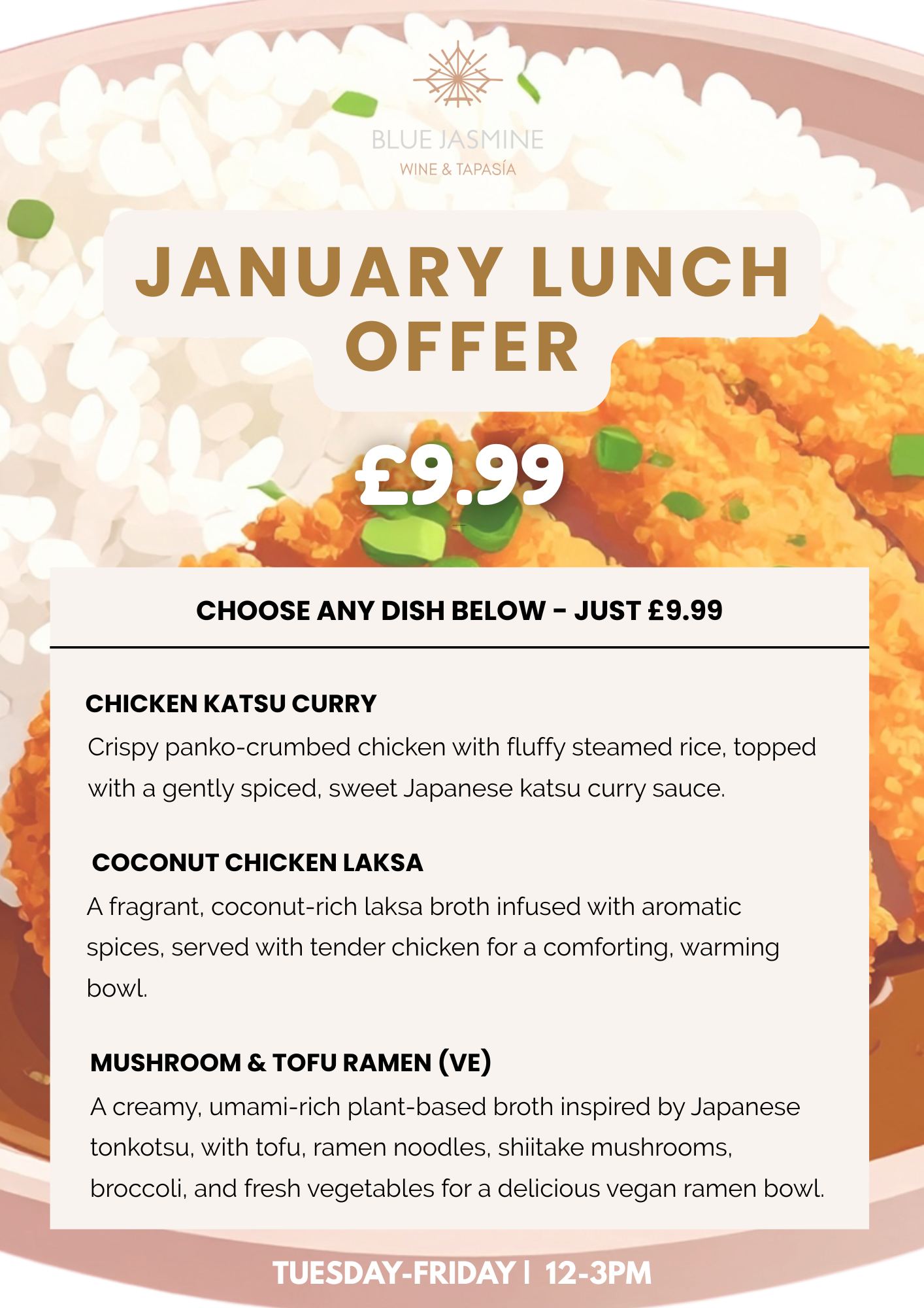 Promotional flyer for Blue Jasmine Wine & Tapas featuring a January lunch offer for £9.99. The flyer lists three dishes: Chicken Katsu Curry, Coconut Chicken Laksa, and Mushroom & Tofu Ramen, available from Tuesday to Friday, 12 to 3 PM.