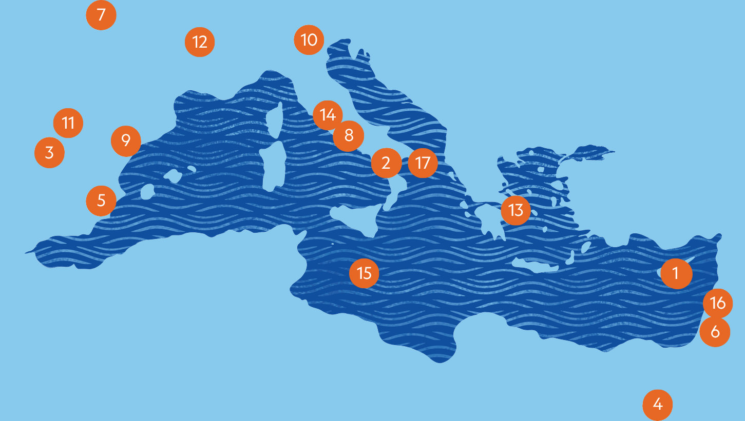 Map of the Mediterranean with Foundry Editions Titles overlayed