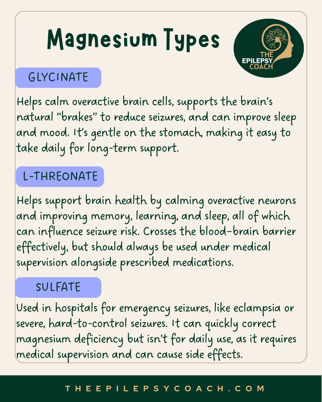 Main forms of Magnesium for epilepsy management. 