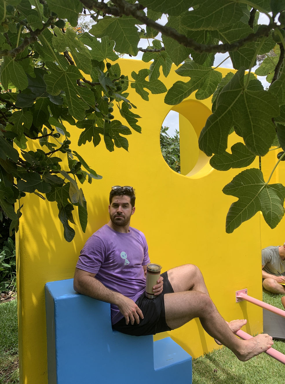 A man sitting on a blue structure in front of a yellow wall with a circular cutout, holding a travel mug, with large green leaves overhead, outdoors.