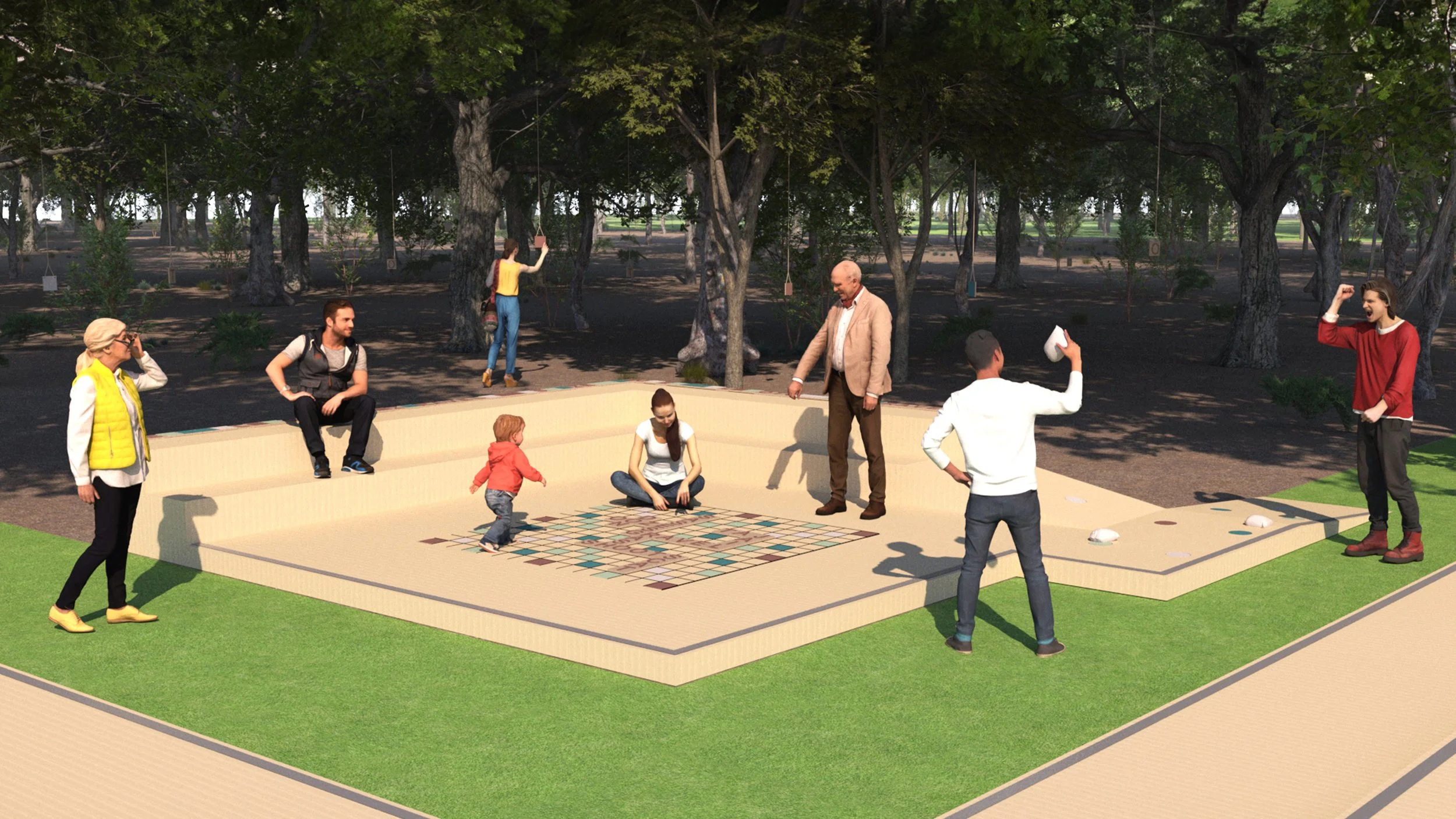 Design rendering and real photo of an outdoor reading and play area with hexagonal elements, trees, and children engaging in various activities.