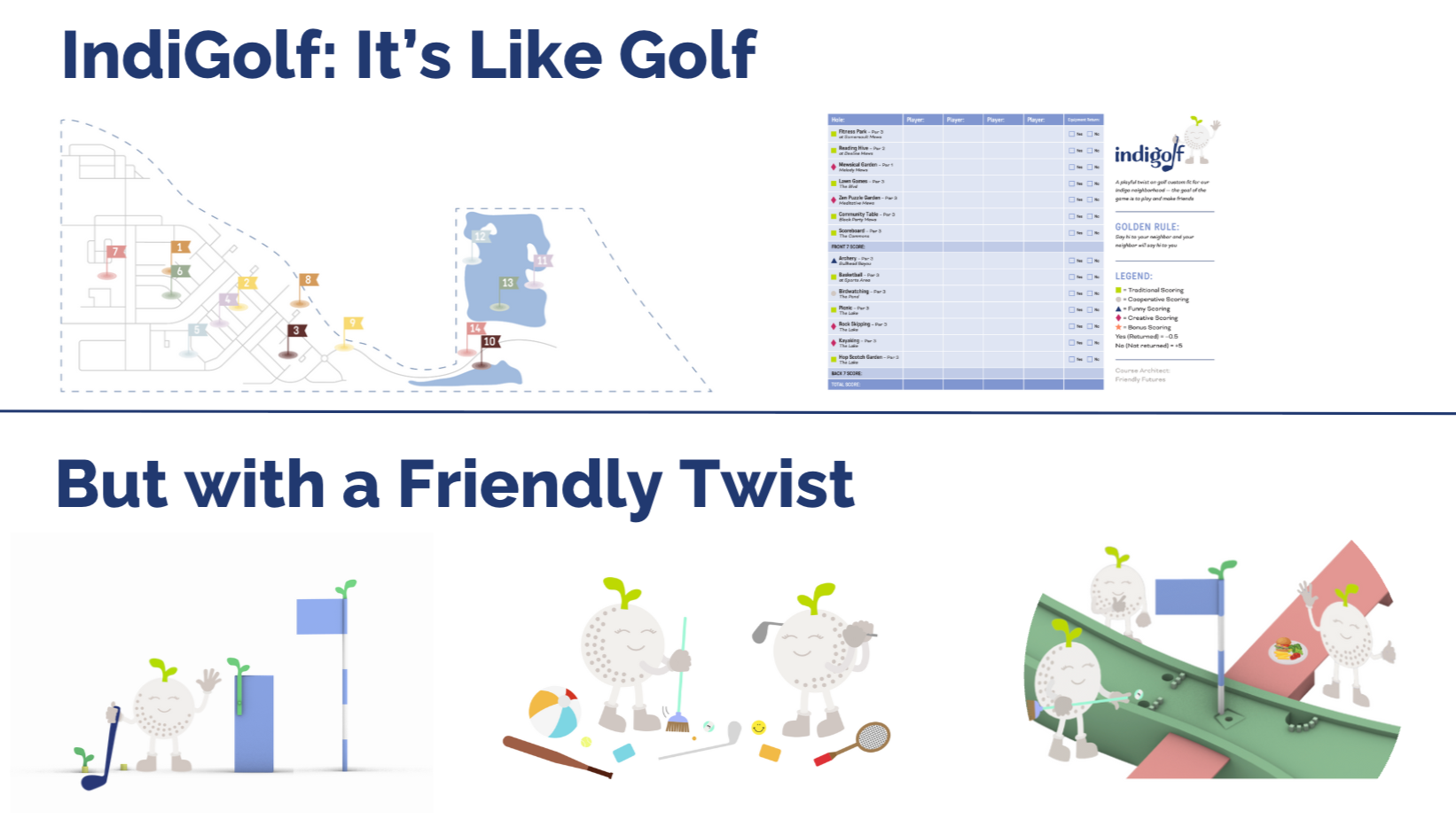 Infographic comparing golf to a playful, kid-friendly miniature golf course with cartoonish characters, including different course sections, scoring details, and playful scene of characters enjoying mini golf with a fun twist.
