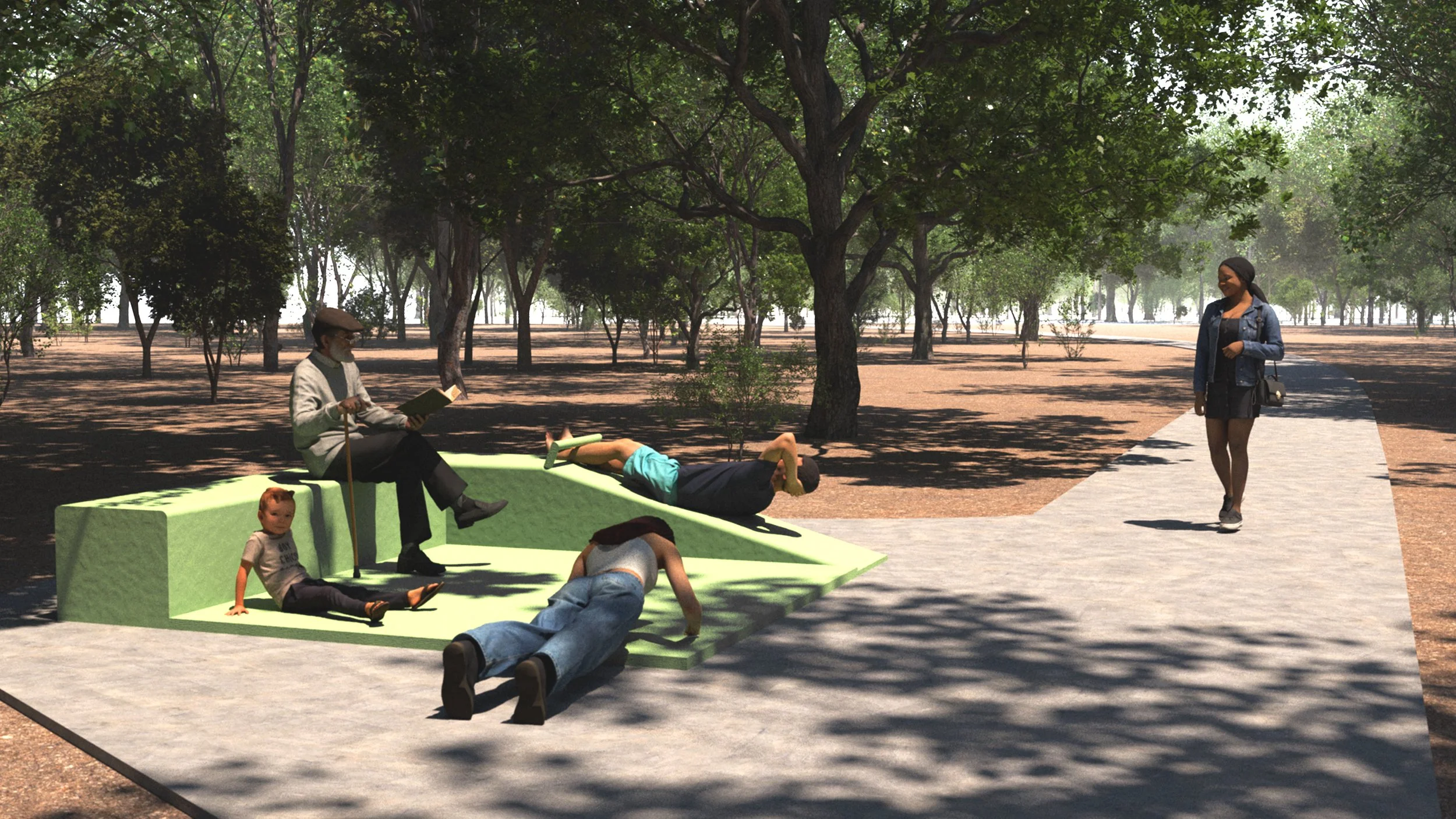 A schematic plan of a miniature golf hole and a photograph of children and adults playing on an outdoor playground with climbing structures, grass, and trees.