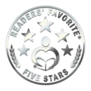 Silver  badge with the words "Readers' Favorite Five Stars" and five stars at the top.