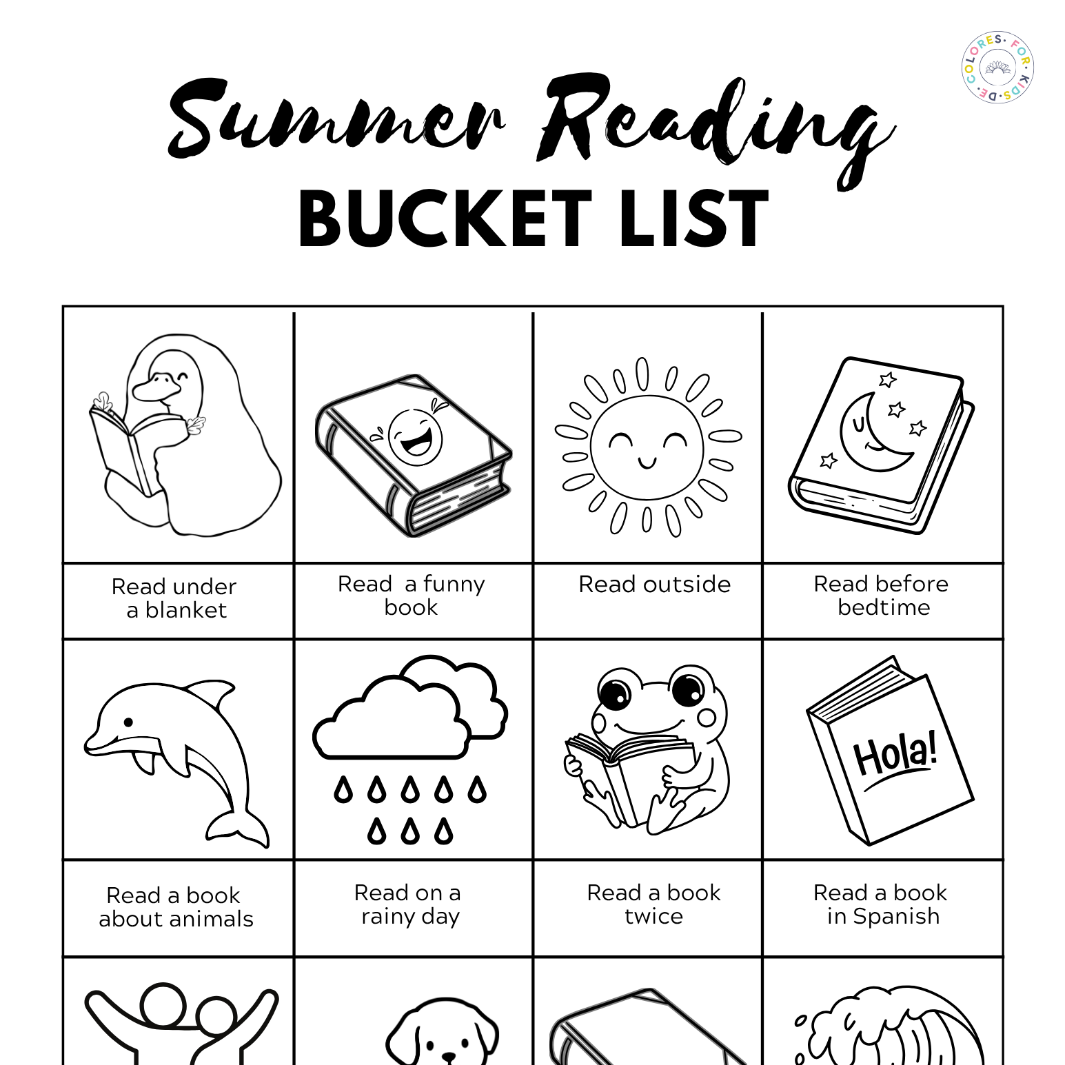A printable summer reading bucket list featuring various activities such as reading under a blanket, reading a funny book, reading outside in the sun, reading before bed, and reading about animals, rainy days, twice, or in Spanish, with corresponding icons for each activity.