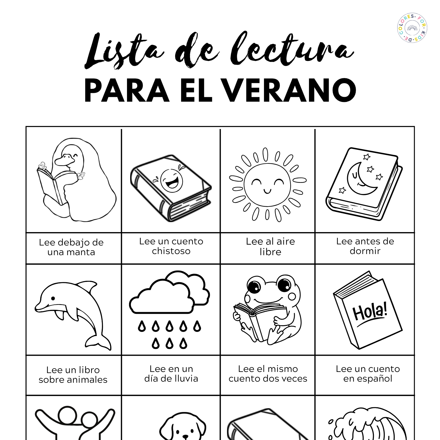 A printable summer reading list for children with illustrations of animals, the sun, the moon, and rain, featuring activities like reading under a blanket, reading a funny story, reading outdoors, and reading before bed, with text in Spanish.
