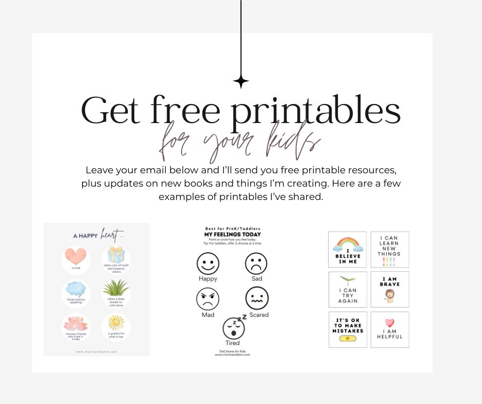 Landing page banner with the text ‘Get free printables for your kids’ and examples of children’s printable resources focused on emotions, kindness, and positive affirmations.