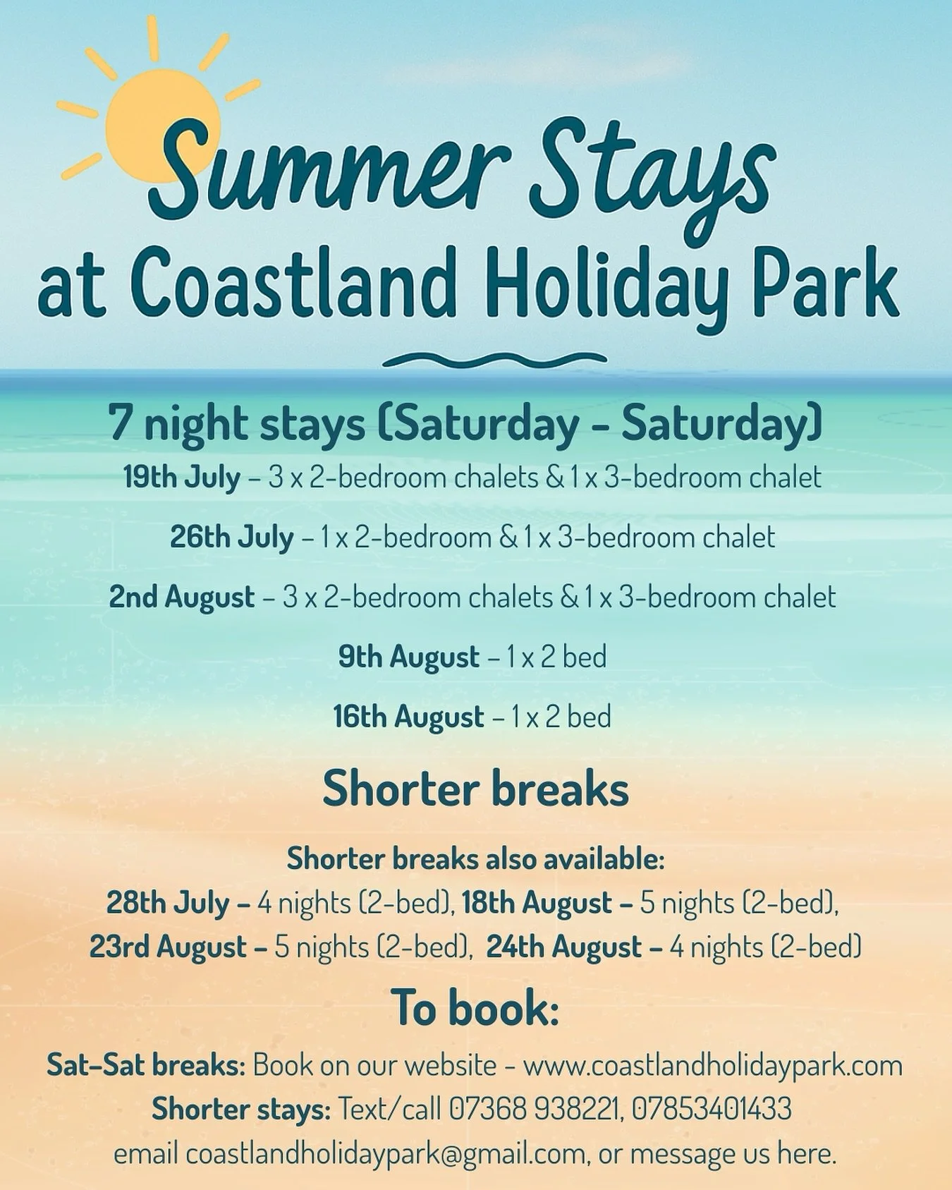 A few summer stays left - we&rsquo;d love to welcome you ☀️

Coastland is a small, family-run park - ideal for families and very dog friendly. We&rsquo;ve got a large playing field, play fort for the kids, and our friendly chickens who love being fed