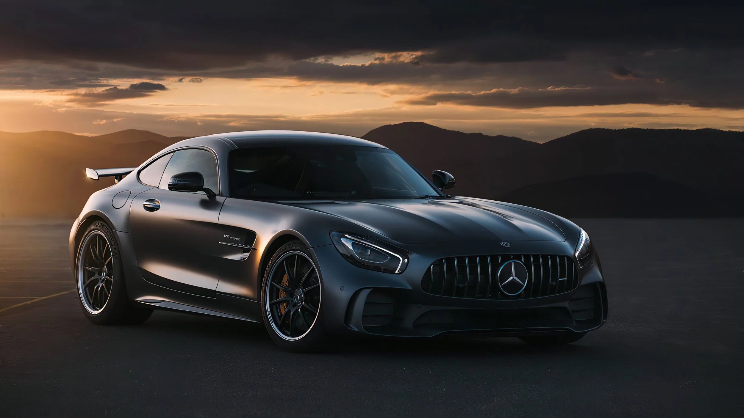 A sleek black Mercedes-AMG sports car on an empty road at sunset, with mountains and dark clouds in the background.