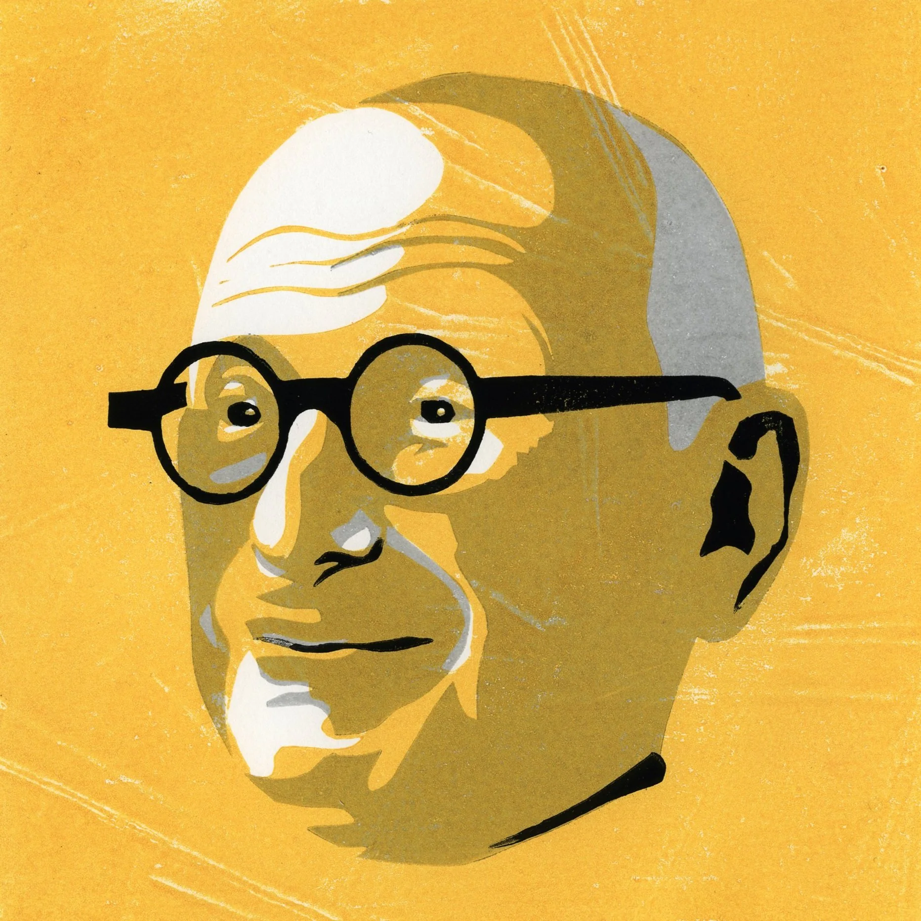 Illustrated portrait of a bald person wearing glasses on a yellow background.