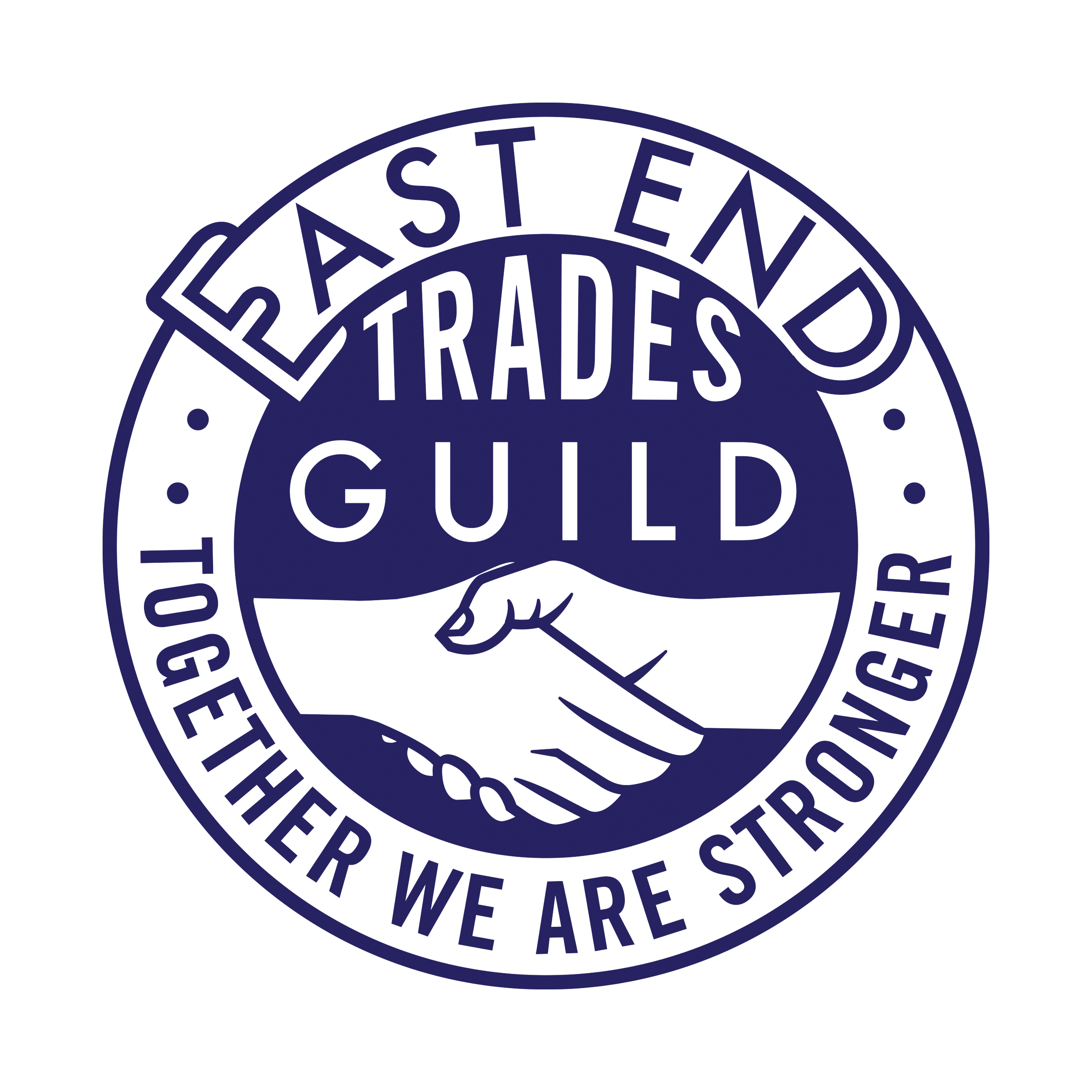 Logo of East End Trades Guild with two hands shaking in the center and the phrase 'Together We Are Stronger' around the edges.