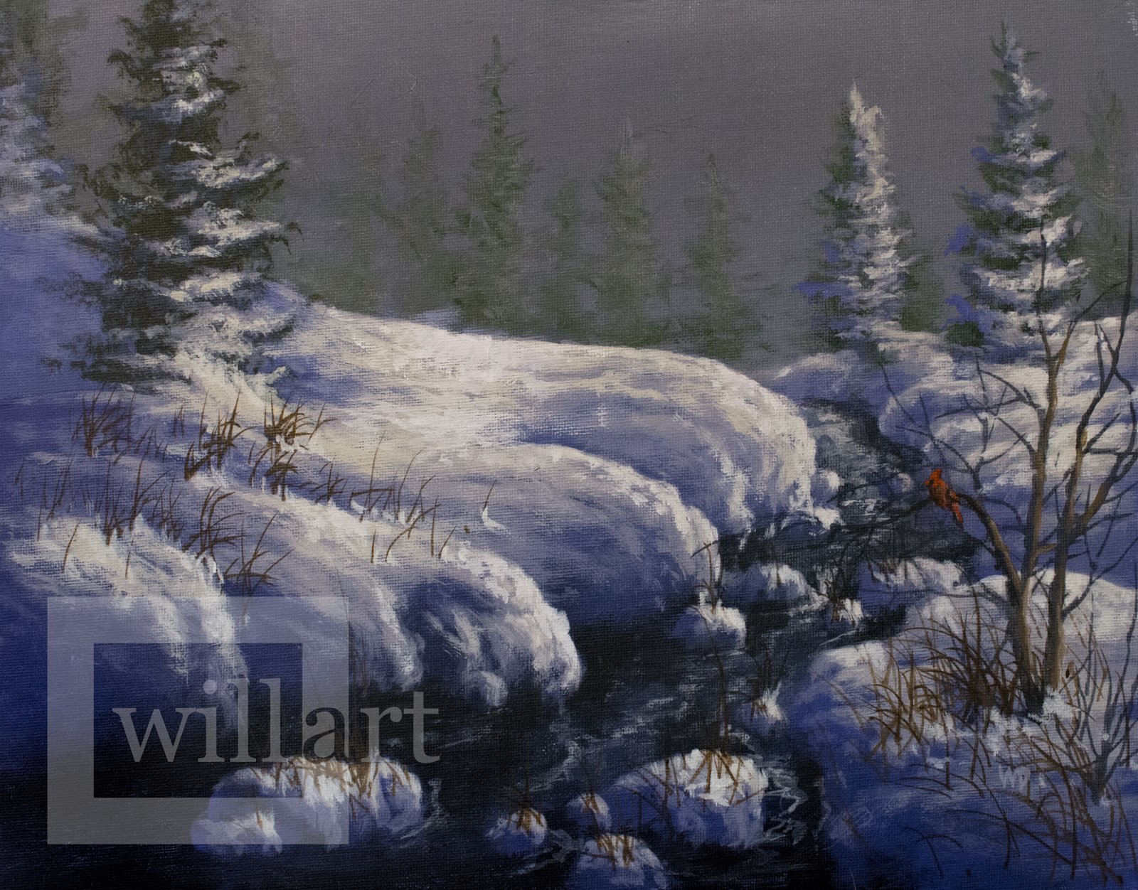 snowy day creek bank with rushing icy water cardinal in winter tree snowy cedar trees sun on snow