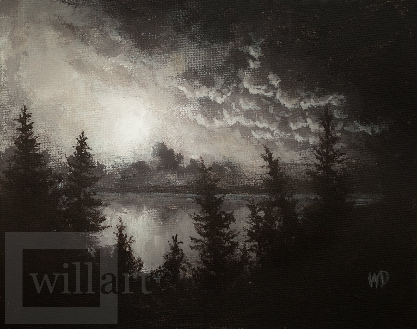 moon behind dark clouds over lake with dark cedar trees
