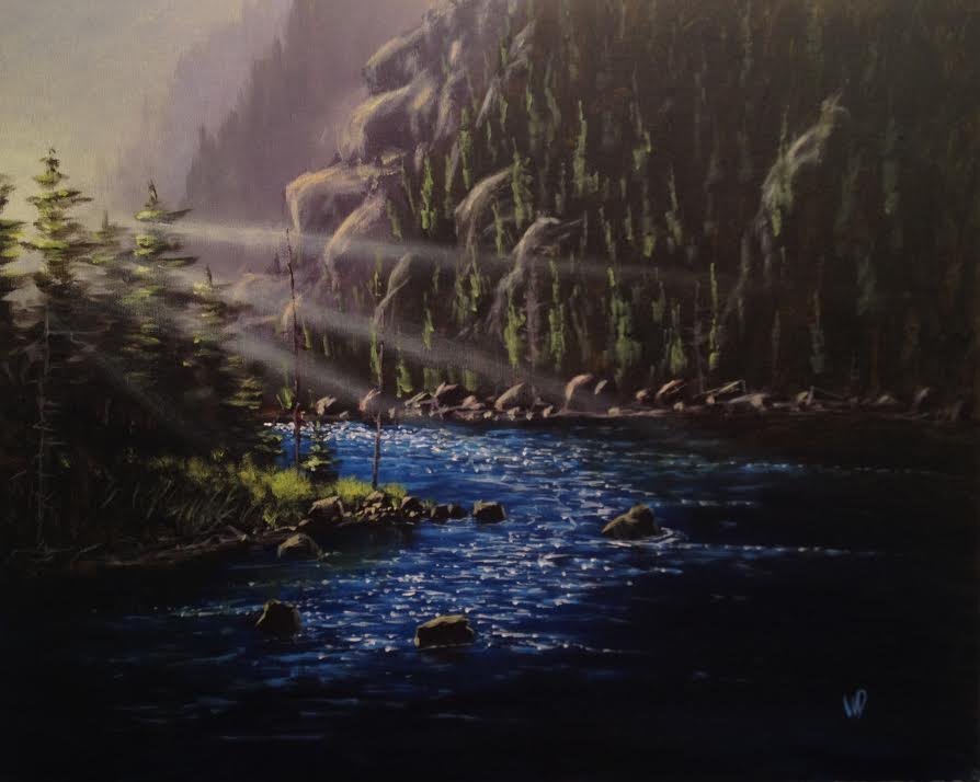 setting sun streams across pine trees to tough calm river water bend under mountain