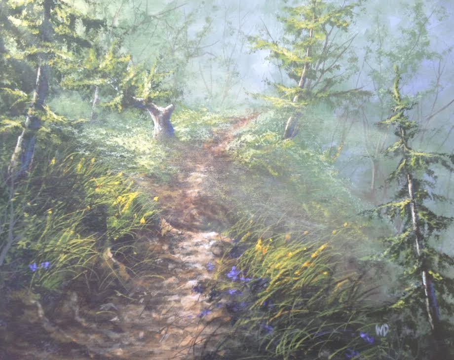 woodland dirt path leading up grassy hill with cedar trees purple and yellow flowers