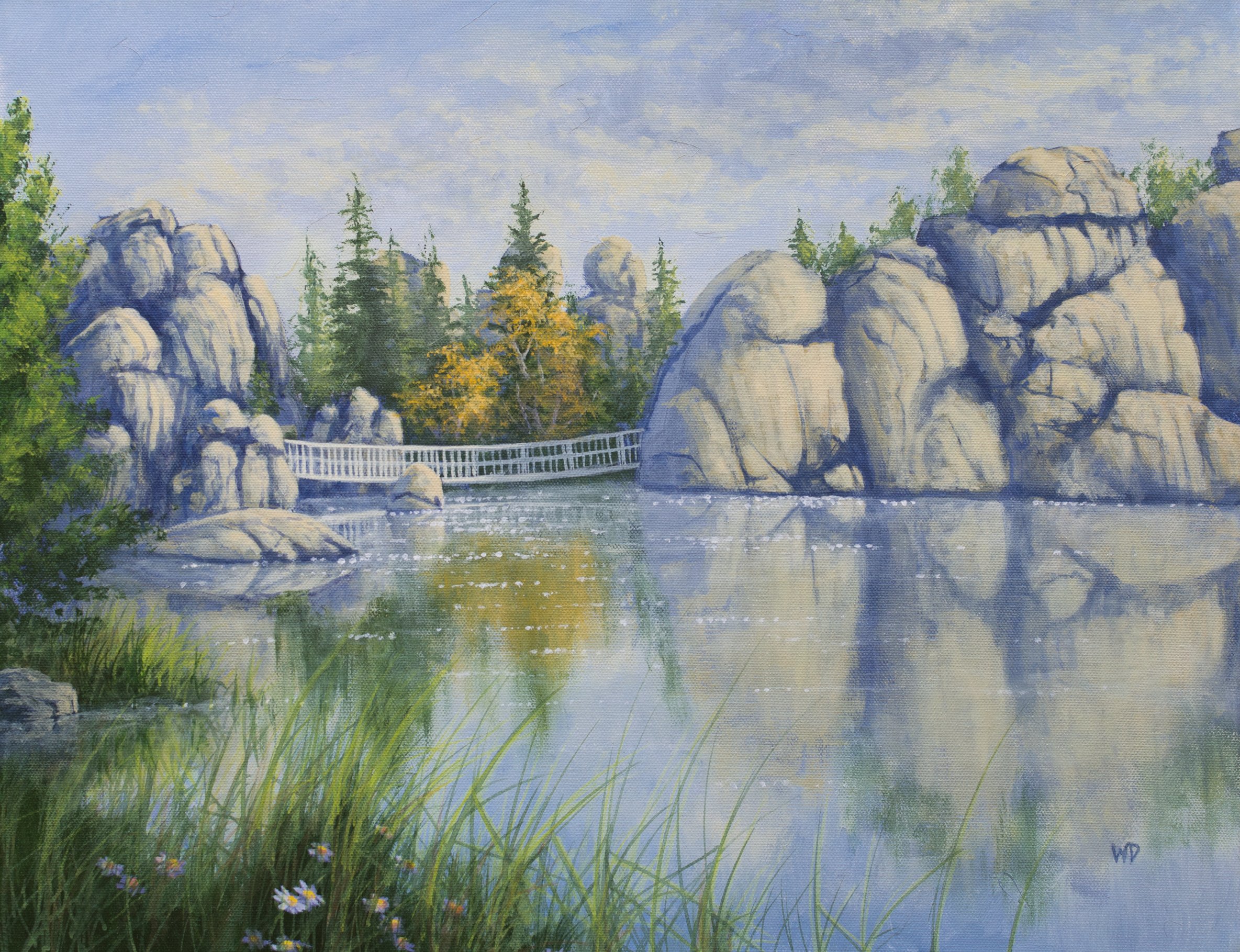 grey tall rocks white bridge calm river green trees