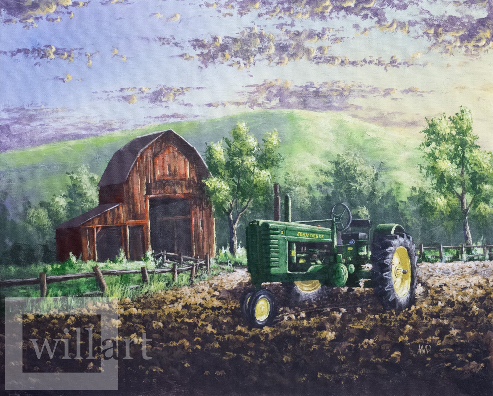 john deer tractor plowing field red barn with green hill behind trees