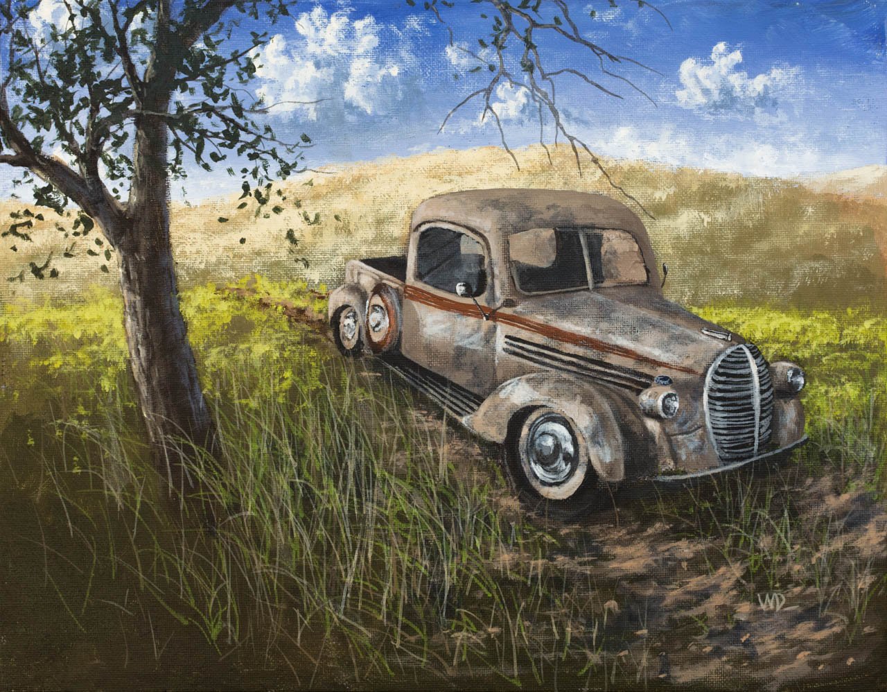 old ford truck under tree in pasture