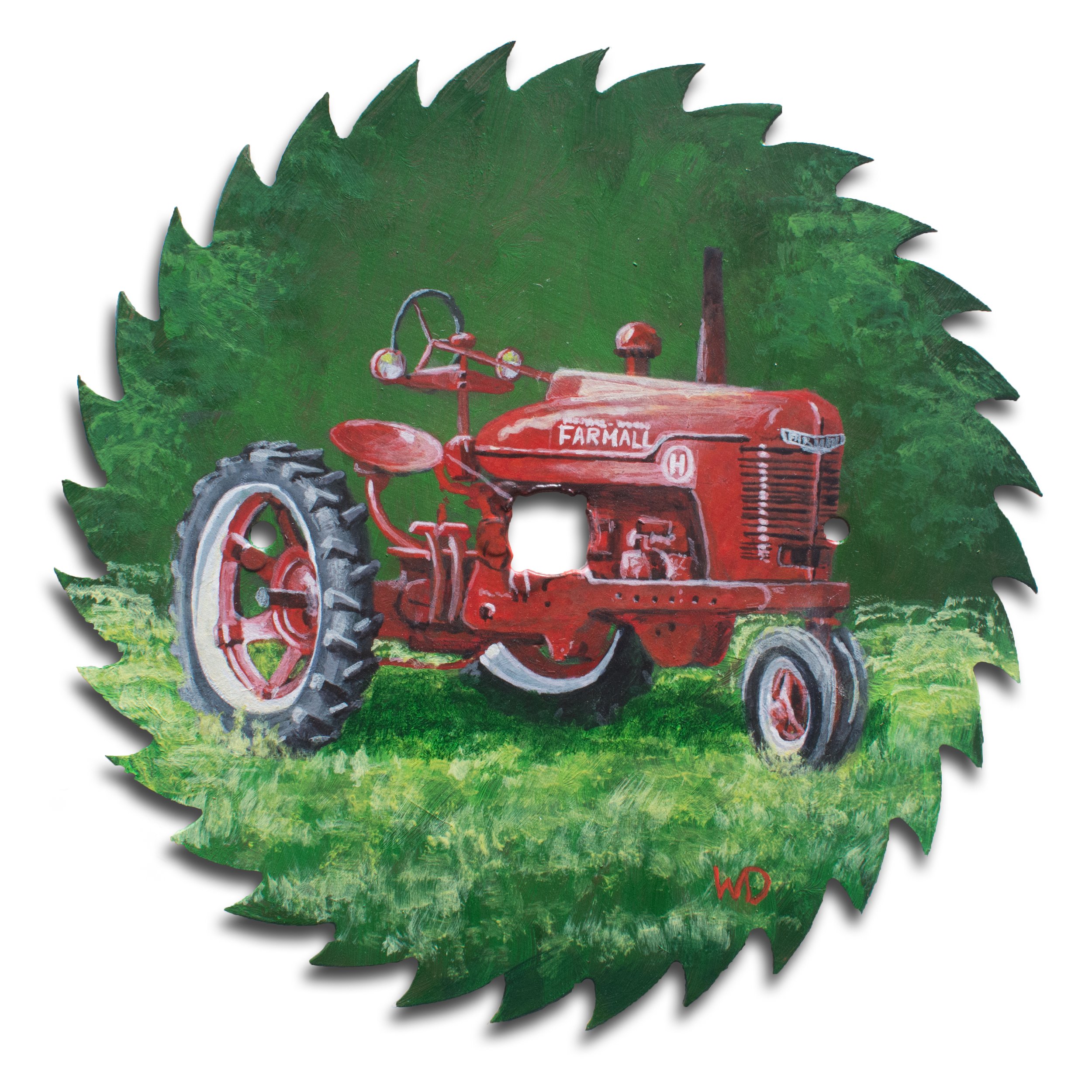 red Farmall tractor on grass painting on sawblade