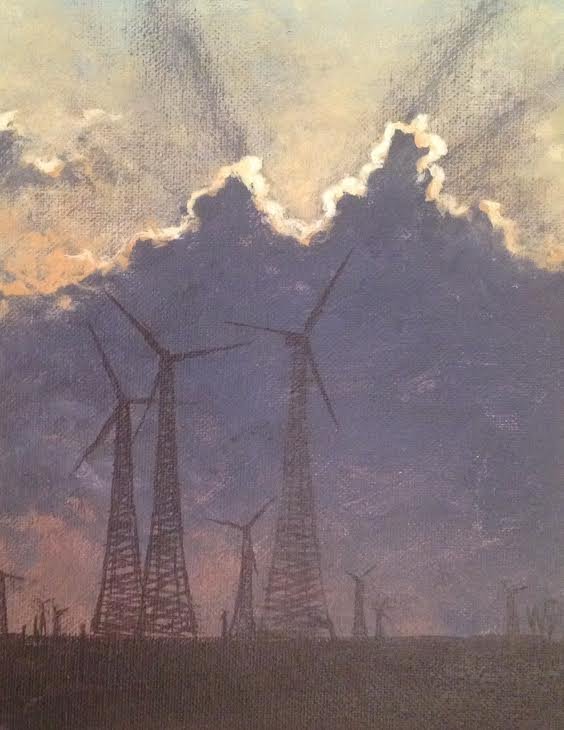 dusky windmills sun streaming behind cloud