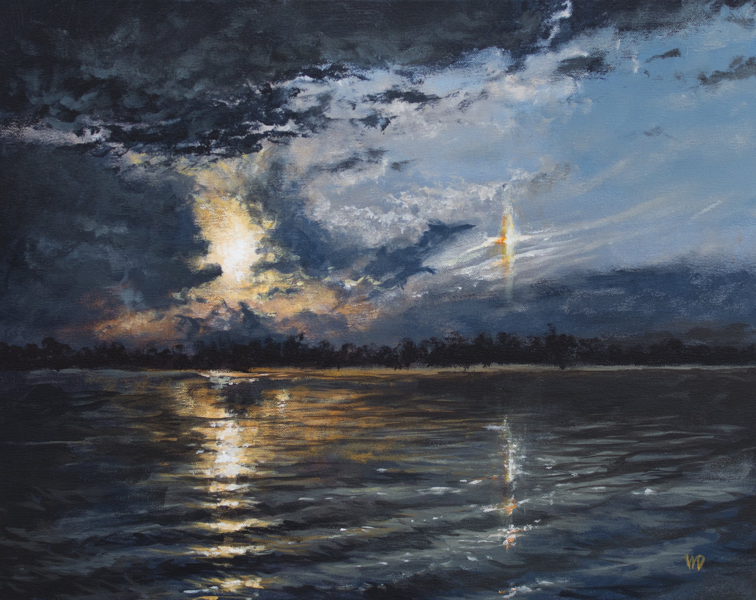 sun shines through dark clouds over rippling lake